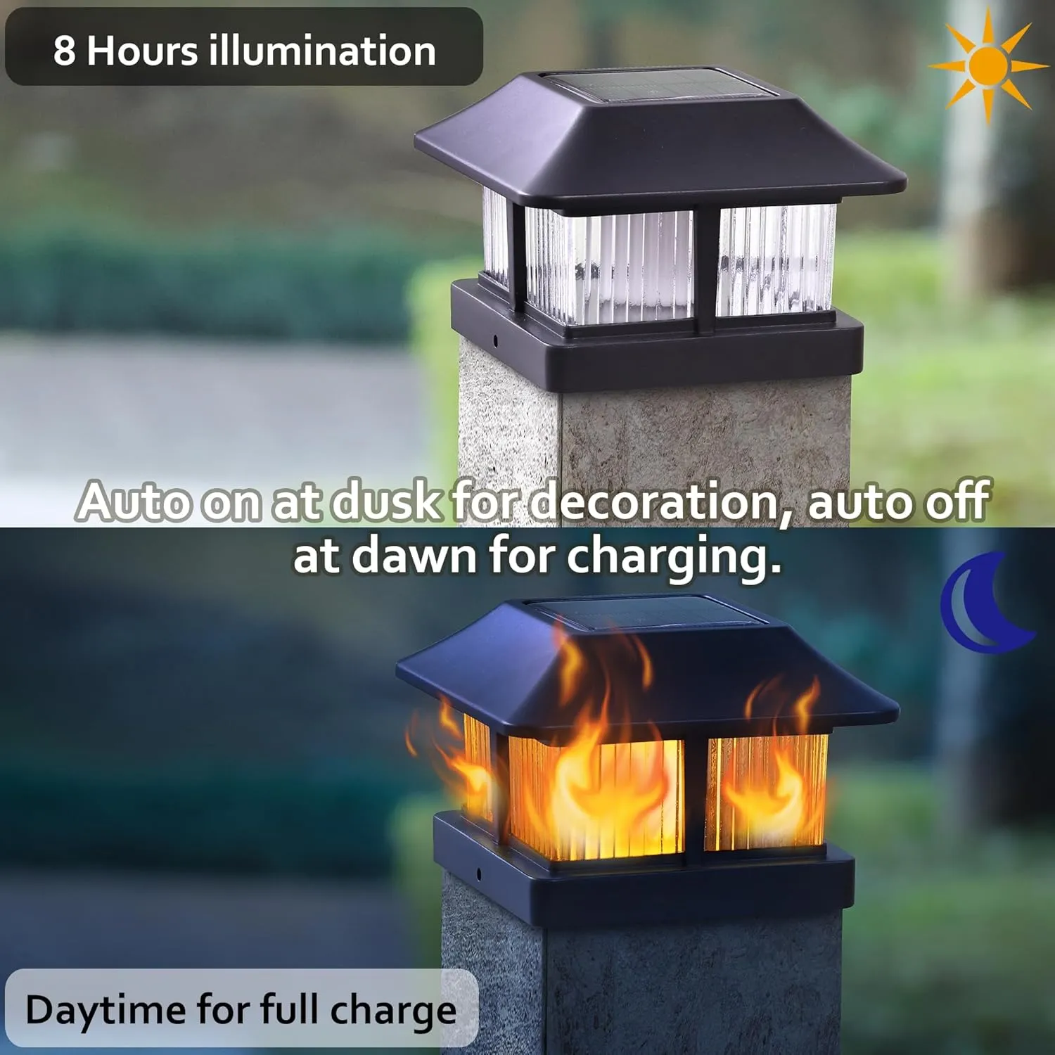 Dynaming Solar Flame Post Cap Lights Outdoor, Solar Powered Fence Post Light, Flickering Flame LED Lantern Lamps Waterproof for Garden Deck Patio, Fit 4x4, 5x5 or 6x6 Vinyl/Wooden Posts, 6 Pack