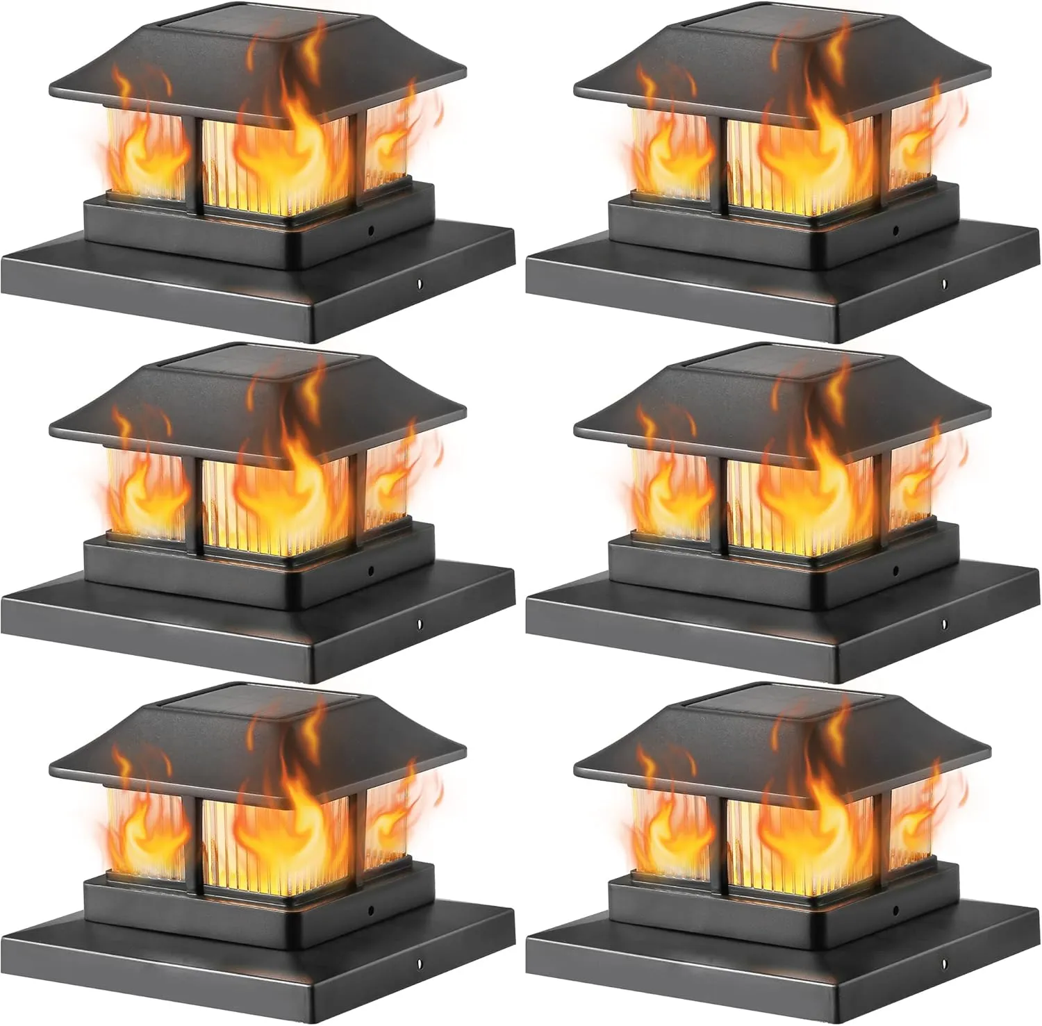 Dynaming Solar Flame Post Cap Lights Outdoor, Solar Powered Fence Post Light, Flickering Flame LED Lantern Lamps Waterproof for Garden Deck Patio, Fit 4x4, 5x5 or 6x6 Vinyl/Wooden Posts, 6 Pack