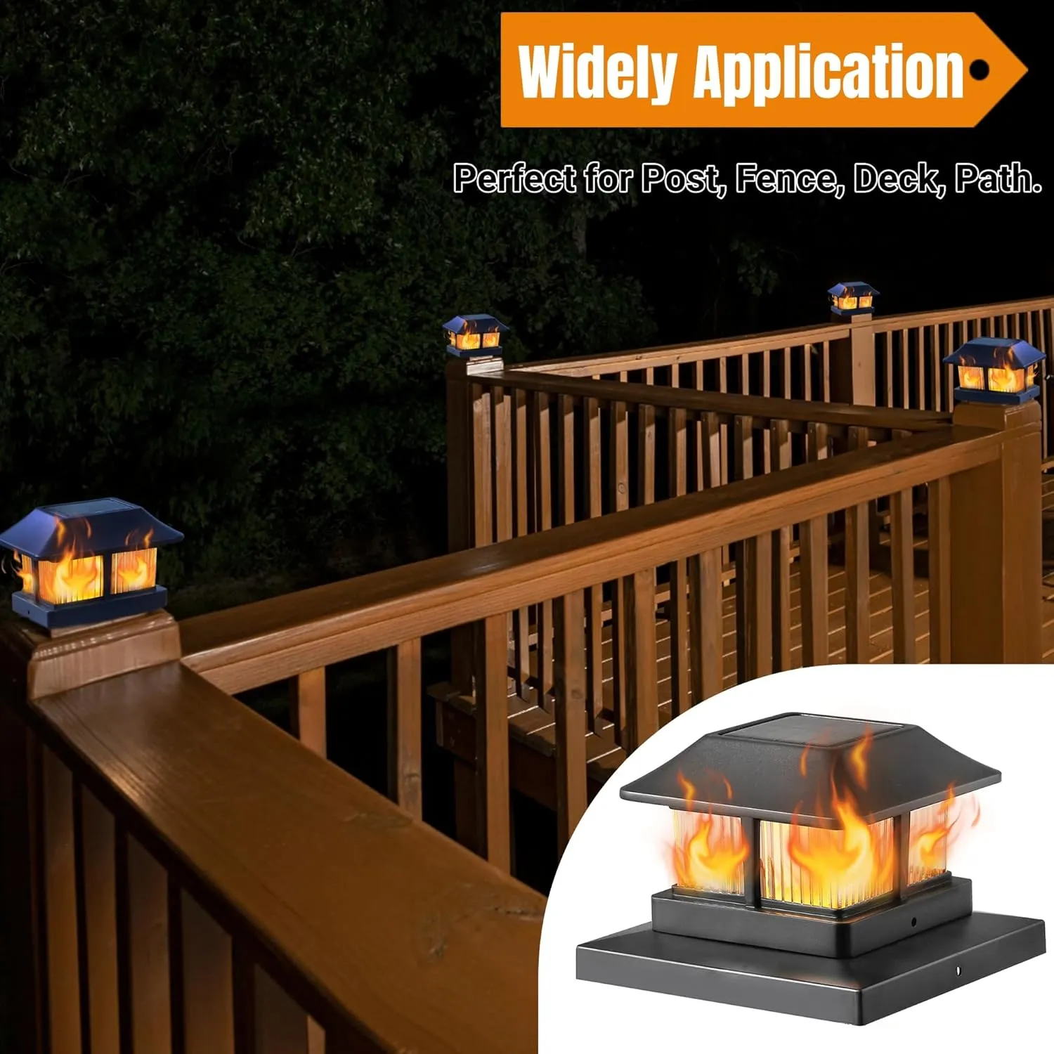 Dynaming Solar Flame Post Cap Lights Outdoor, Solar Powered Fence Post Light, Flickering Flame LED Lantern Lamps Waterproof for Garden Deck Patio, Fit 4x4, 5x5 or 6x6 Vinyl/Wooden Posts, 6 Pack