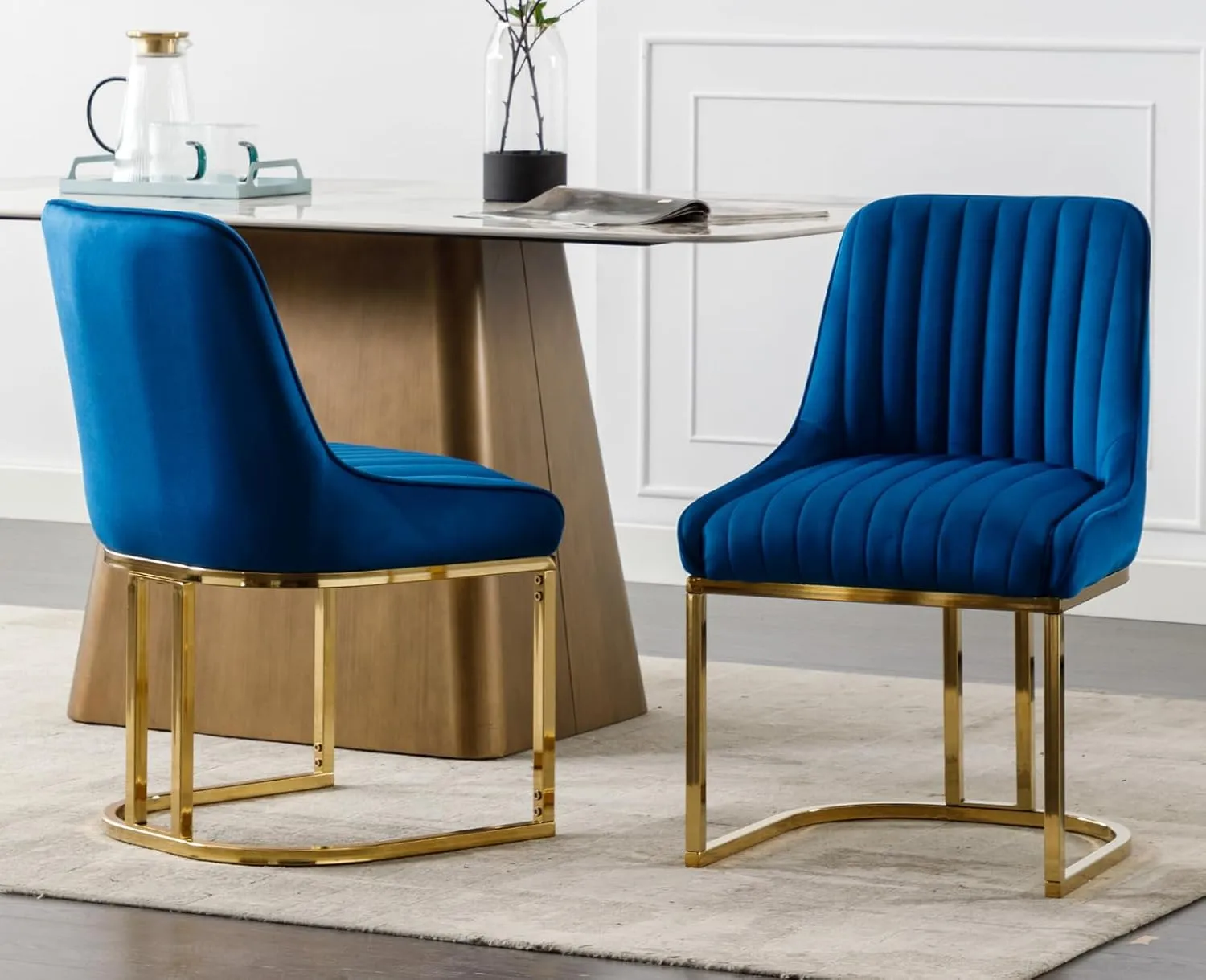 EALSON Velvet Upholstered Dining Chairs Set of 4 Modern Accent Dining Room Chairs with Gold Metal Base Comfy Padded Kitchen Chairs Armless Side Chair for Kitchen Dining Room, Navy Blue