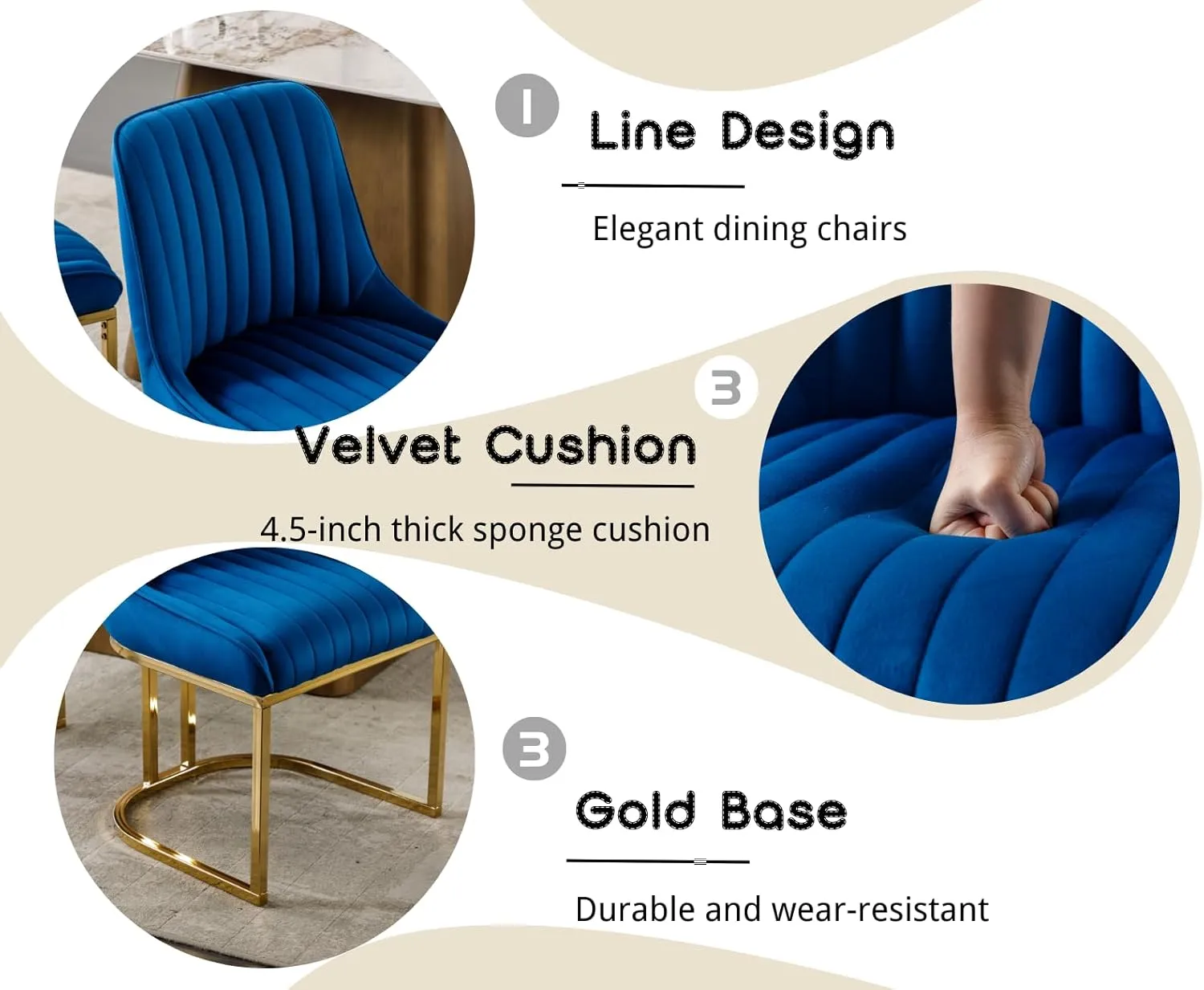 EALSON Velvet Upholstered Dining Chairs Set of 4 Modern Accent Dining Room Chairs with Gold Metal Base Comfy Padded Kitchen Chairs Armless Side Chair for Kitchen Dining Room, Navy Blue