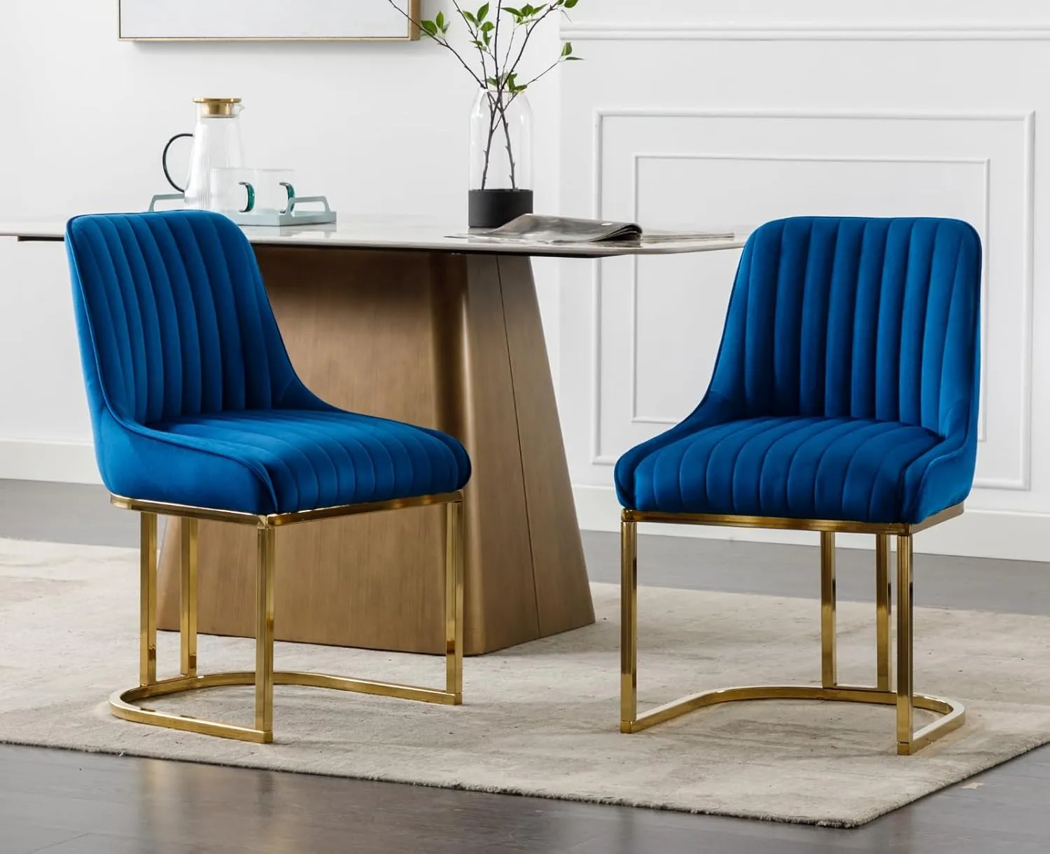 EALSON Velvet Upholstered Dining Chairs Set of 4 Modern Accent Dining Room Chairs with Gold Metal Base Comfy Padded Kitchen Chairs Armless Side Chair for Kitchen Dining Room, Navy Blue