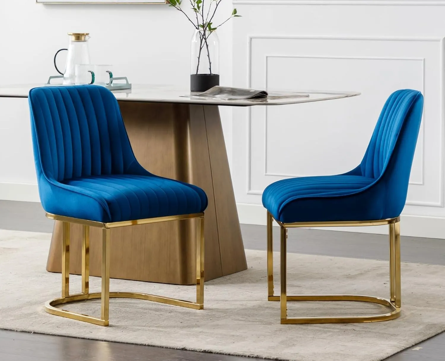 EALSON Velvet Upholstered Dining Chairs Set of 4 Modern Accent Dining Room Chairs with Gold Metal Base Comfy Padded Kitchen Chairs Armless Side Chair for Kitchen Dining Room, Navy Blue