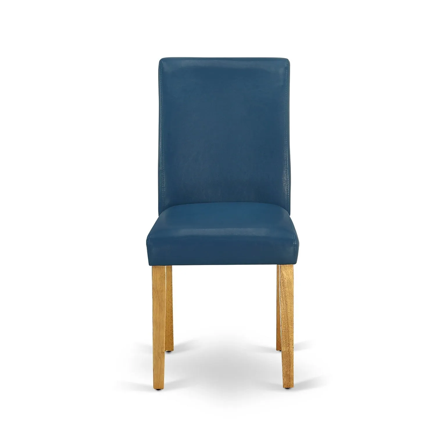 East West Furniture AMAB3-OAK-55 3 Piece Kitchen Table & Chairs Set Contains a Round Dining Room Table with Pedestal and 2 Oasis Blue Faux Leather Parsons Chairs, 36x36 Inch, Oak