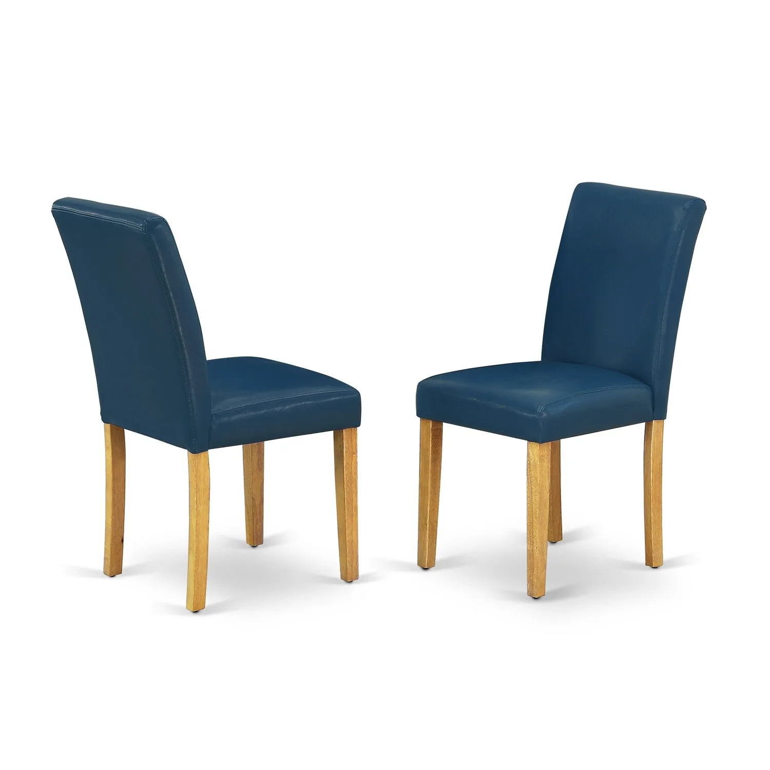 East West Furniture AMAB3-OAK-55 3 Piece Kitchen Table & Chairs Set Contains a Round Dining Room Table with Pedestal and 2 Oasis Blue Faux Leather Parsons Chairs, 36x36 Inch, Oak