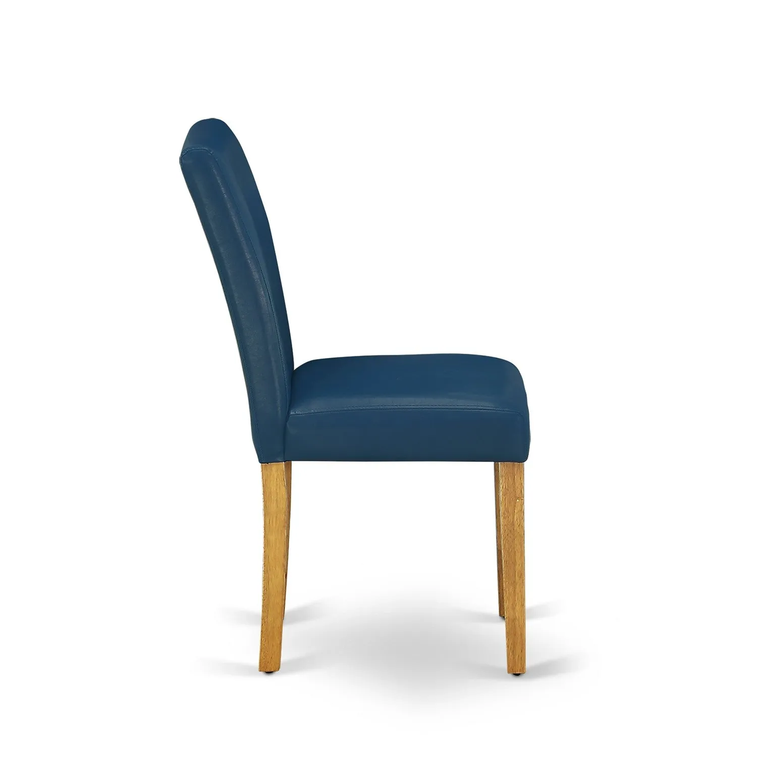 East West Furniture AMAB3-OAK-55 3 Piece Kitchen Table & Chairs Set Contains a Round Dining Room Table with Pedestal and 2 Oasis Blue Faux Leather Parsons Chairs, 36x36 Inch, Oak