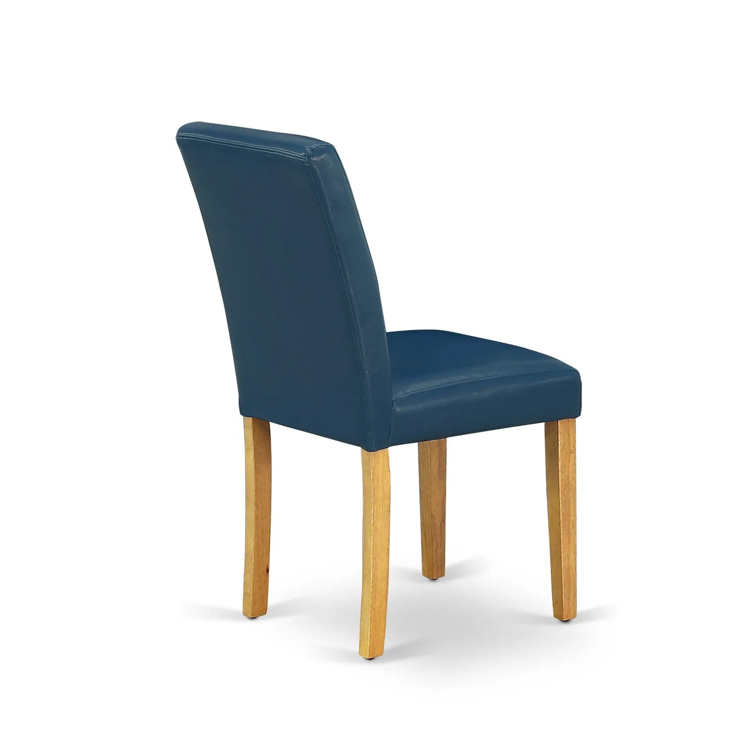 East West Furniture AMAB3-OAK-55 3 Piece Kitchen Table & Chairs Set Contains a Round Dining Room Table with Pedestal and 2 Oasis Blue Faux Leather Parsons Chairs, 36x36 Inch, Oak
