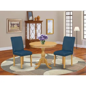 East West Furniture AMAB3-OAK-55 3 Piece Kitchen Table & Chairs Set Contains a Round Dining Room Table with Pedestal and 2 Oasis Blue Faux Leather Parsons Chairs, 36x36 Inch, Oak