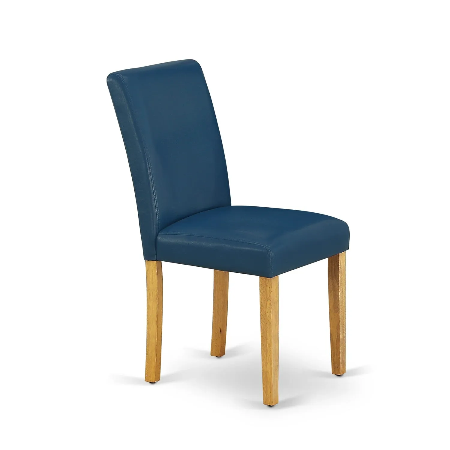 East West Furniture AMAB3-OAK-55 3 Piece Kitchen Table & Chairs Set Contains a Round Dining Room Table with Pedestal and 2 Oasis Blue Faux Leather Parsons Chairs, 36x36 Inch, Oak
