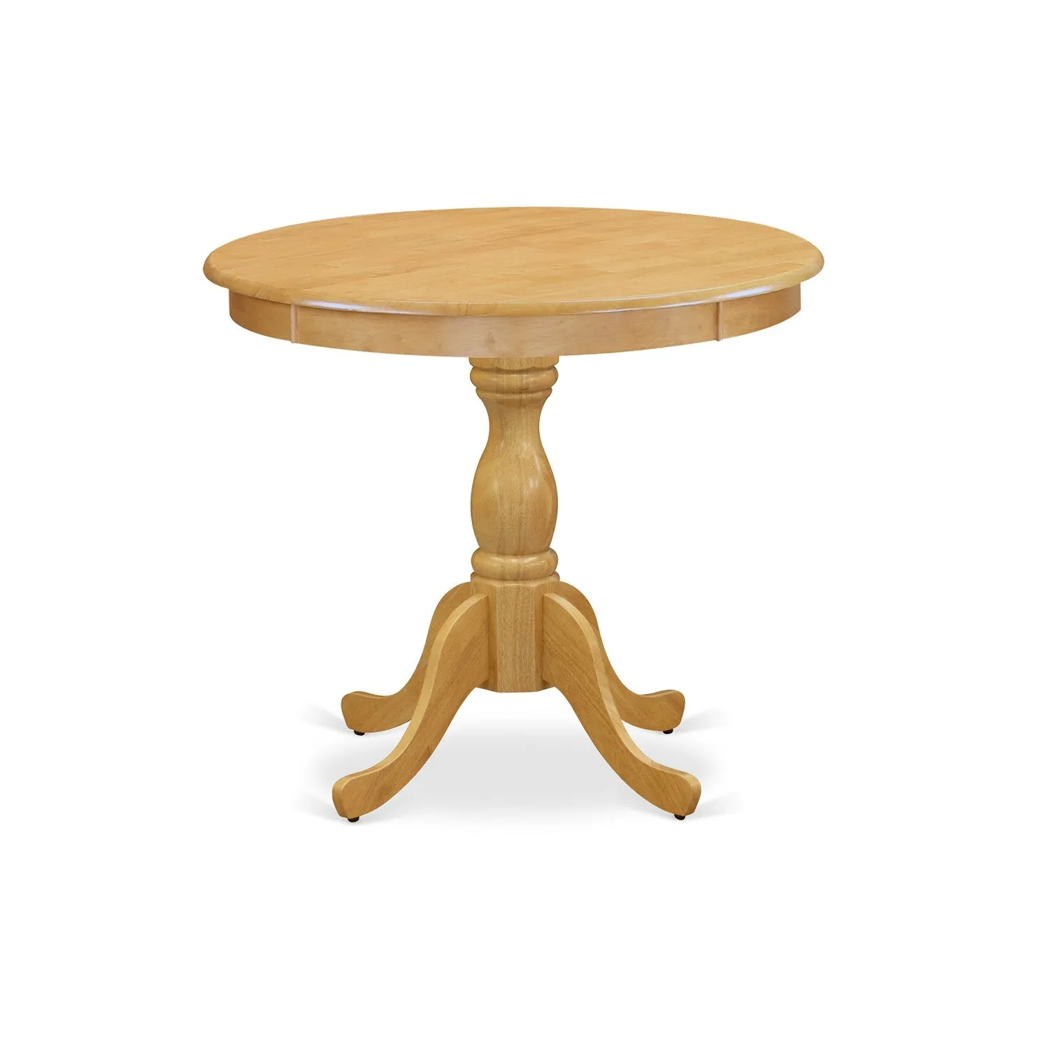 East West Furniture AMAB3-OAK-55 3 Piece Kitchen Table & Chairs Set Contains a Round Dining Room Table with Pedestal and 2 Oasis Blue Faux Leather Parsons Chairs, 36x36 Inch, Oak