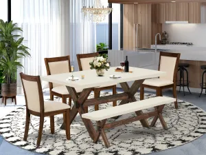 East West Furniture X726MZN32-6 6 Piece Kitchen Table Set Contains a Rectangle Dining Table with X-Legs and 4 Light Beige Linen Fabric Parson Chairs with a Bench