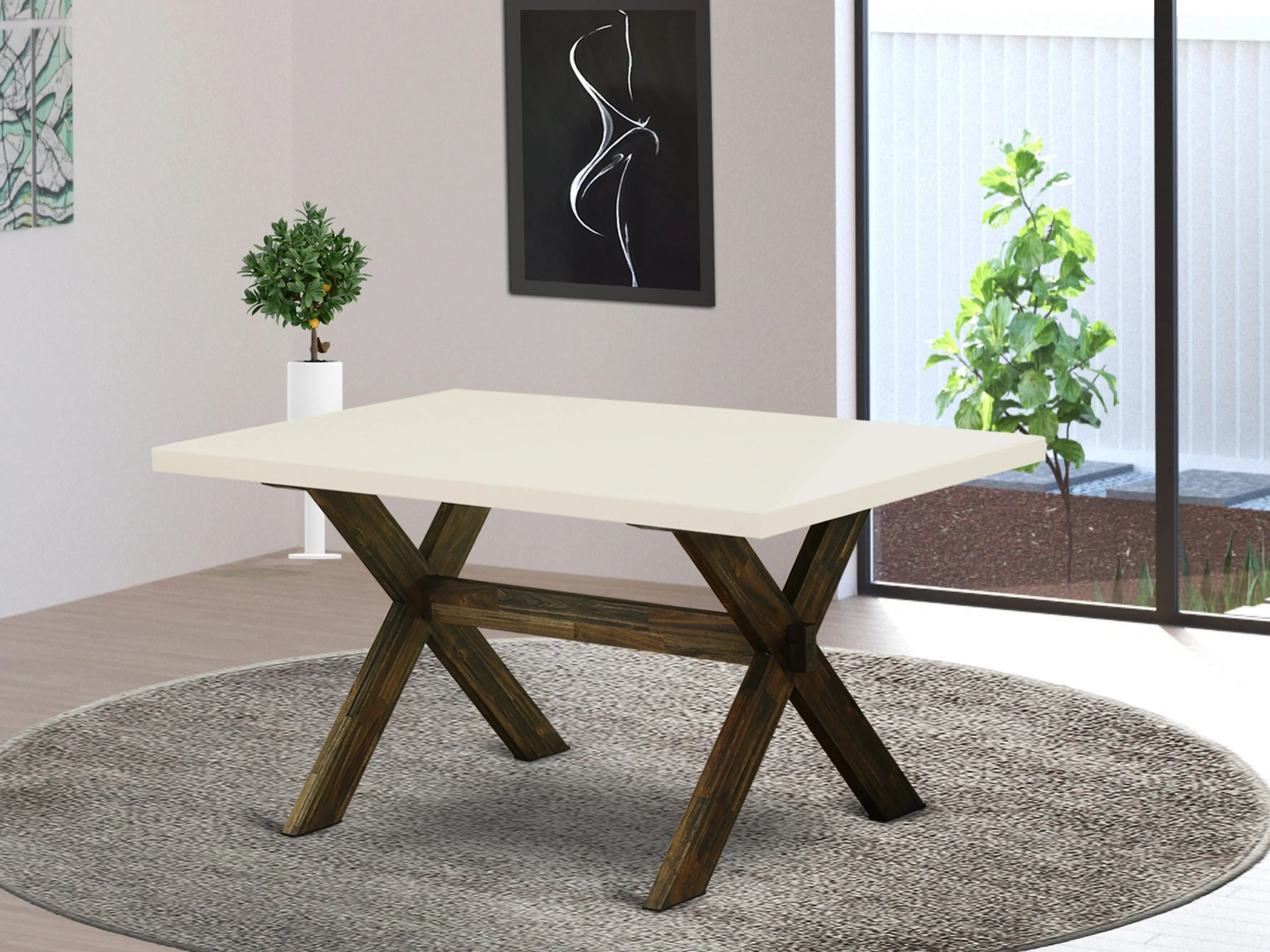 East West Furniture X726MZN32-6 6 Piece Kitchen Table Set Contains a Rectangle Dining Table with X-Legs and 4 Light Beige Linen Fabric Parson Chairs with a Bench