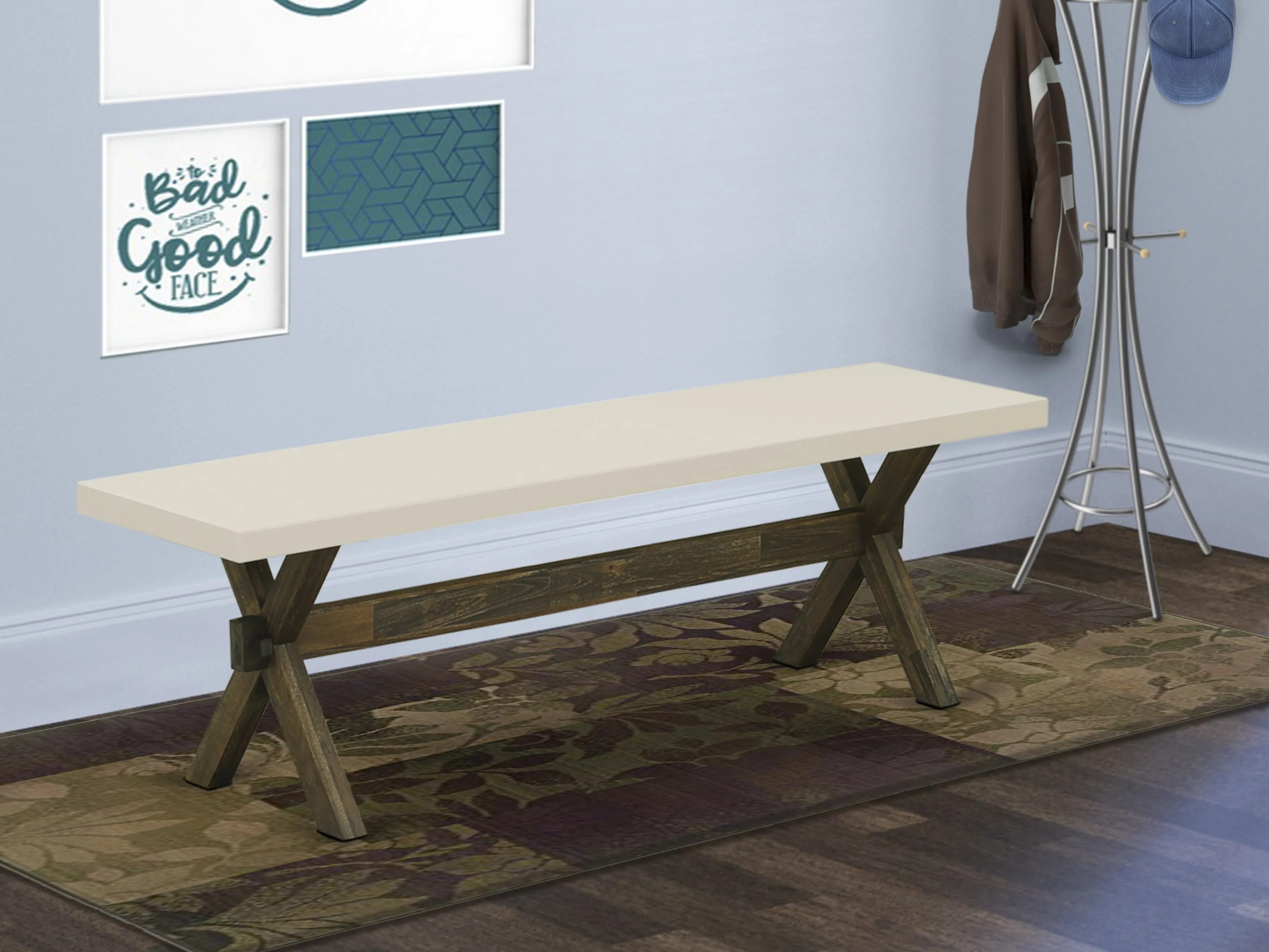 East West Furniture X726MZN32-6 6 Piece Kitchen Table Set Contains a Rectangle Dining Table with X-Legs and 4 Light Beige Linen Fabric Parson Chairs with a Bench