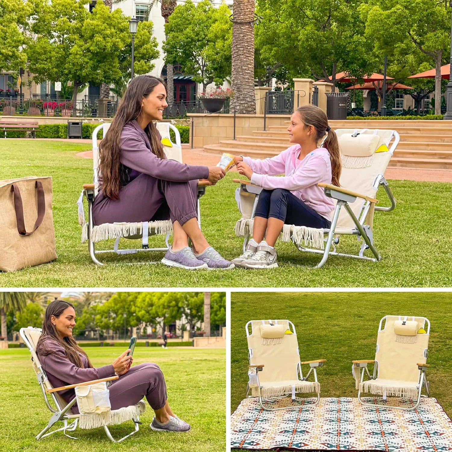 EasyGo Product Tassel Backpack Beach Chair 5 Positions and Cup Holder Pouch on Side-Padded Pillow-Storage Bag on Back – Lightweight Rustproof Aluminum – Black Frame, 2 Pack TAN