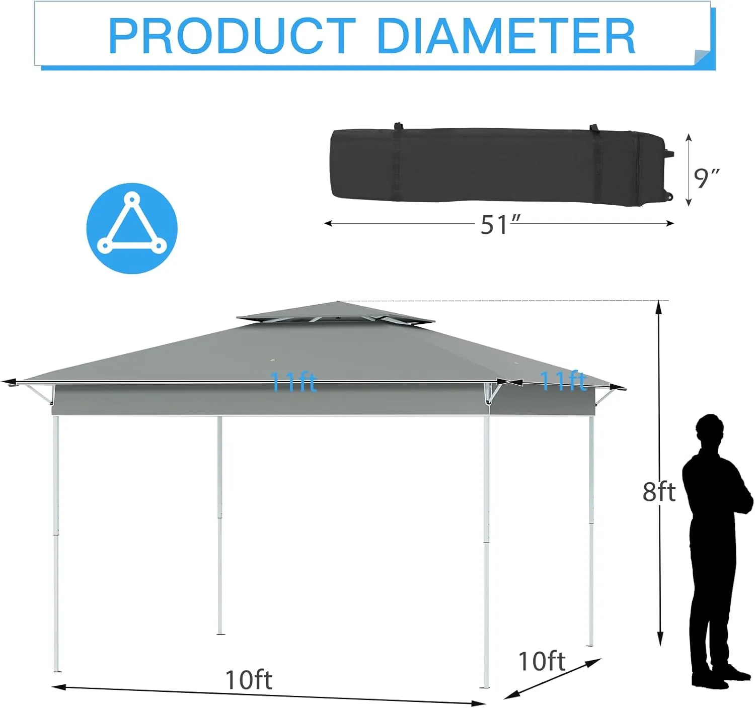 ECOTOUGE 11x11 FT Pop Up Canopy Tent, Patio Party Instant Shelte Gazebo w/Carrying Roller Bag Waterproof and UV Resistant for Outdoor Garden, Grill and Backyard, Dark Grey