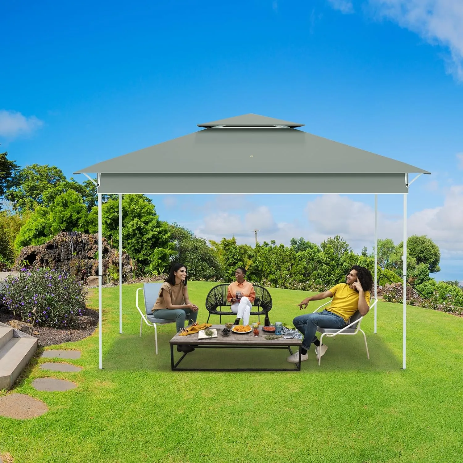 ECOTOUGE 11x11 FT Pop Up Canopy Tent, Patio Party Instant Shelte Gazebo w/Carrying Roller Bag Waterproof and UV Resistant for Outdoor Garden, Grill and Backyard, Dark Grey