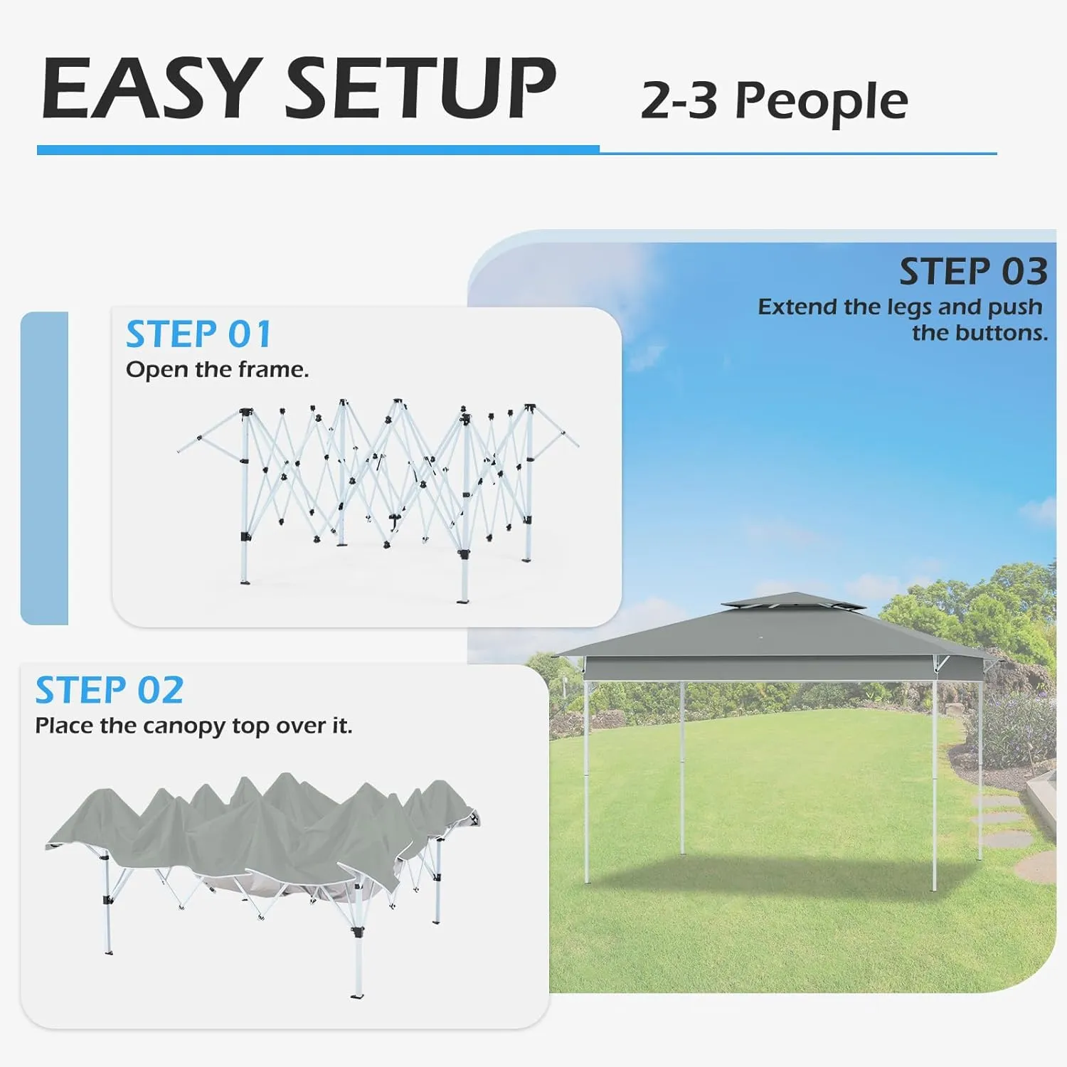 ECOTOUGE 11x11 FT Pop Up Canopy Tent, Patio Party Instant Shelte Gazebo w/Carrying Roller Bag Waterproof and UV Resistant for Outdoor Garden, Grill and Backyard, Dark Grey