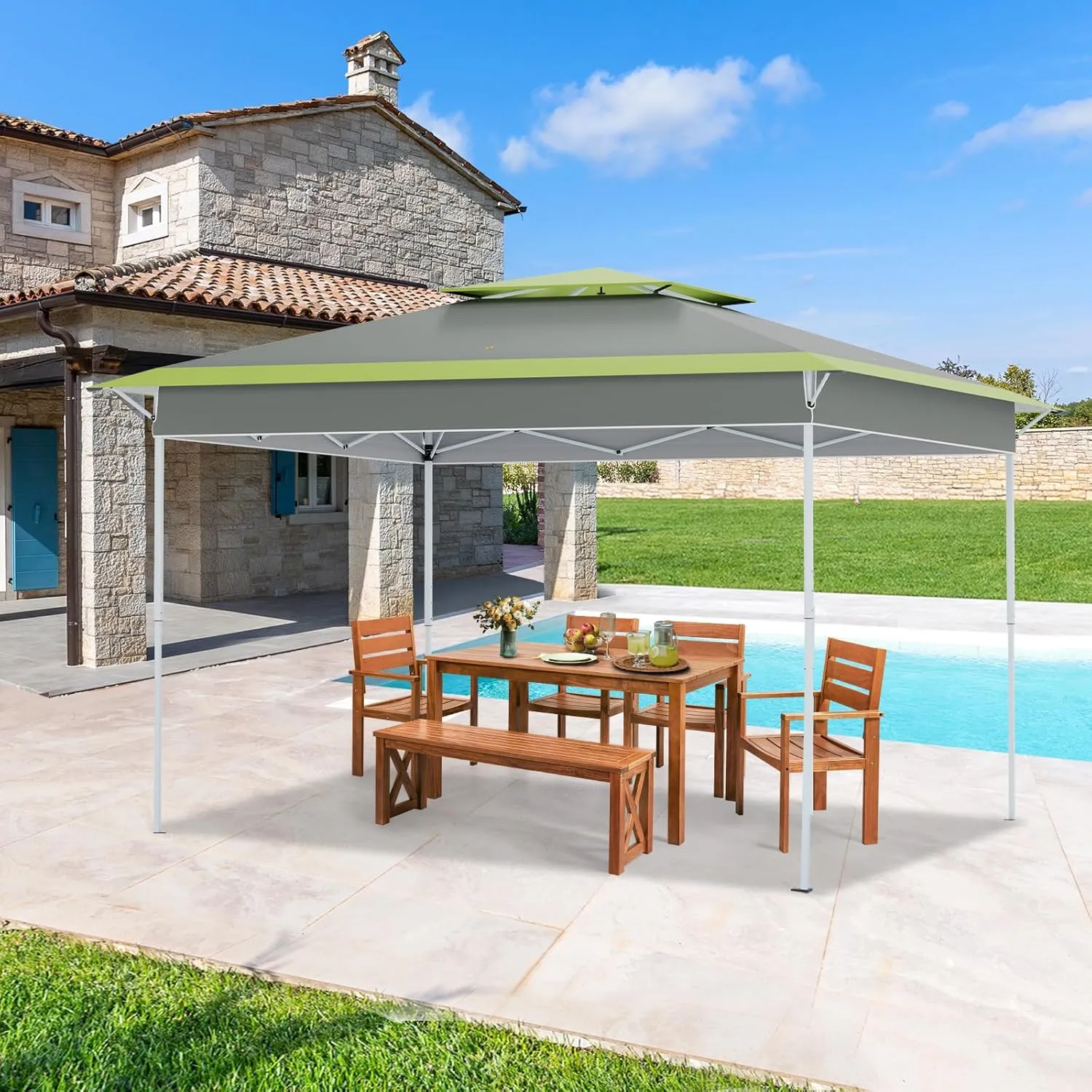 ECOTOUGE 13x13 FT Pop Up Canopy Tent, Patio Party Instant Shelte Gazebo w/Carrying Roller Bag Waterproof and UV Resistant for Outdoor Garden, Grill and Backyard, Grey-Green