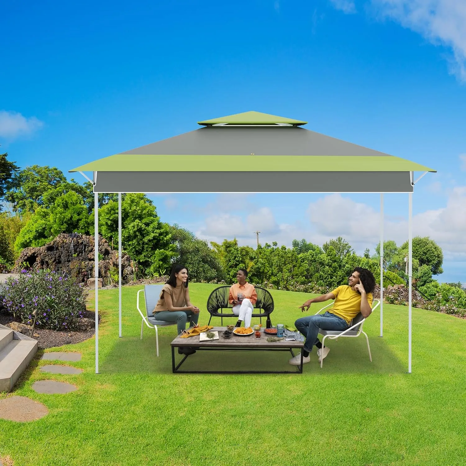 ECOTOUGE 13x13 FT Pop Up Canopy Tent, Patio Party Instant Shelte Gazebo w/Carrying Roller Bag Waterproof and UV Resistant for Outdoor Garden, Grill and Backyard, Grey-Green