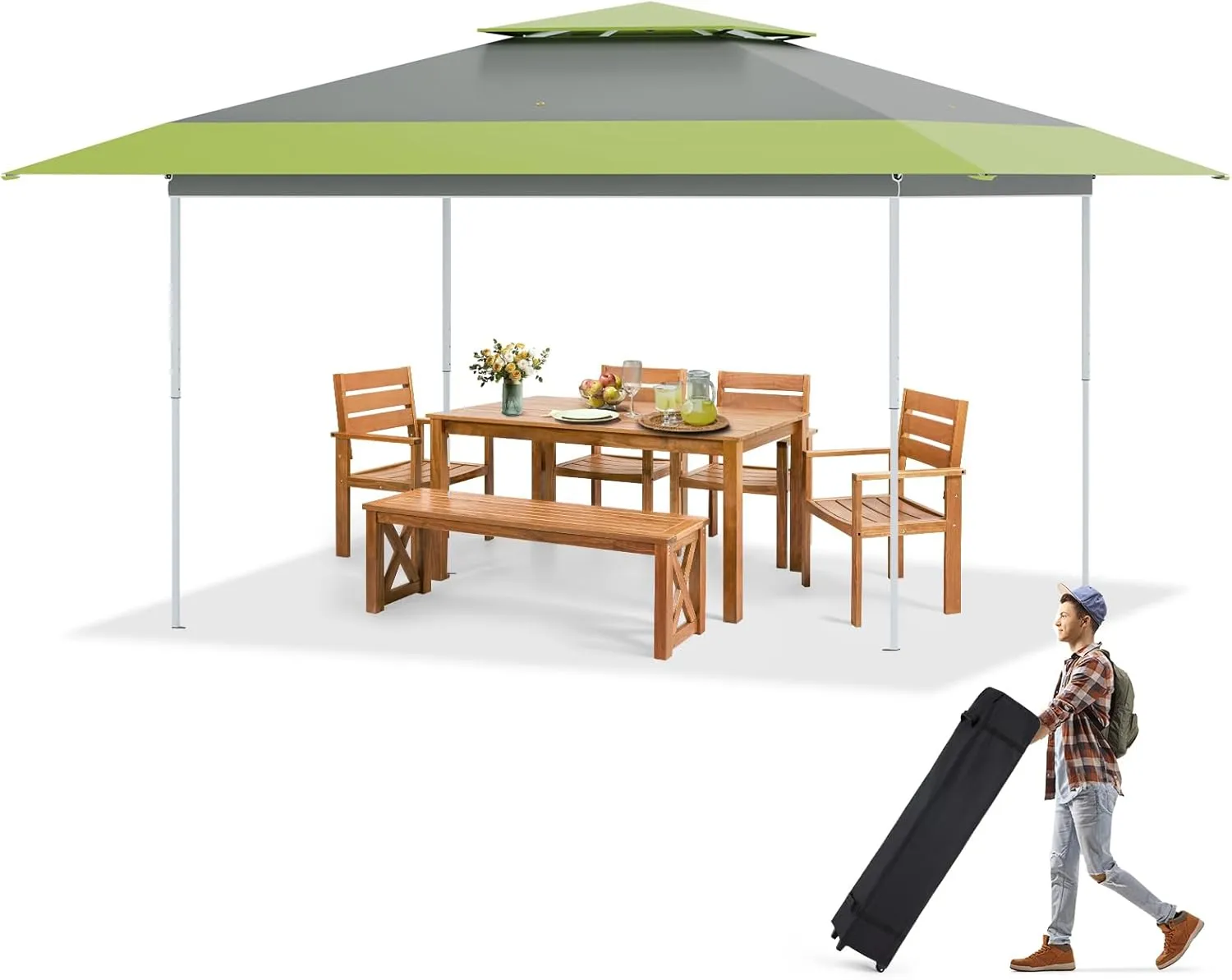 ECOTOUGE 13x13 FT Pop Up Canopy Tent, Patio Party Instant Shelte Gazebo w/Carrying Roller Bag Waterproof and UV Resistant for Outdoor Garden, Grill and Backyard, Grey-Green