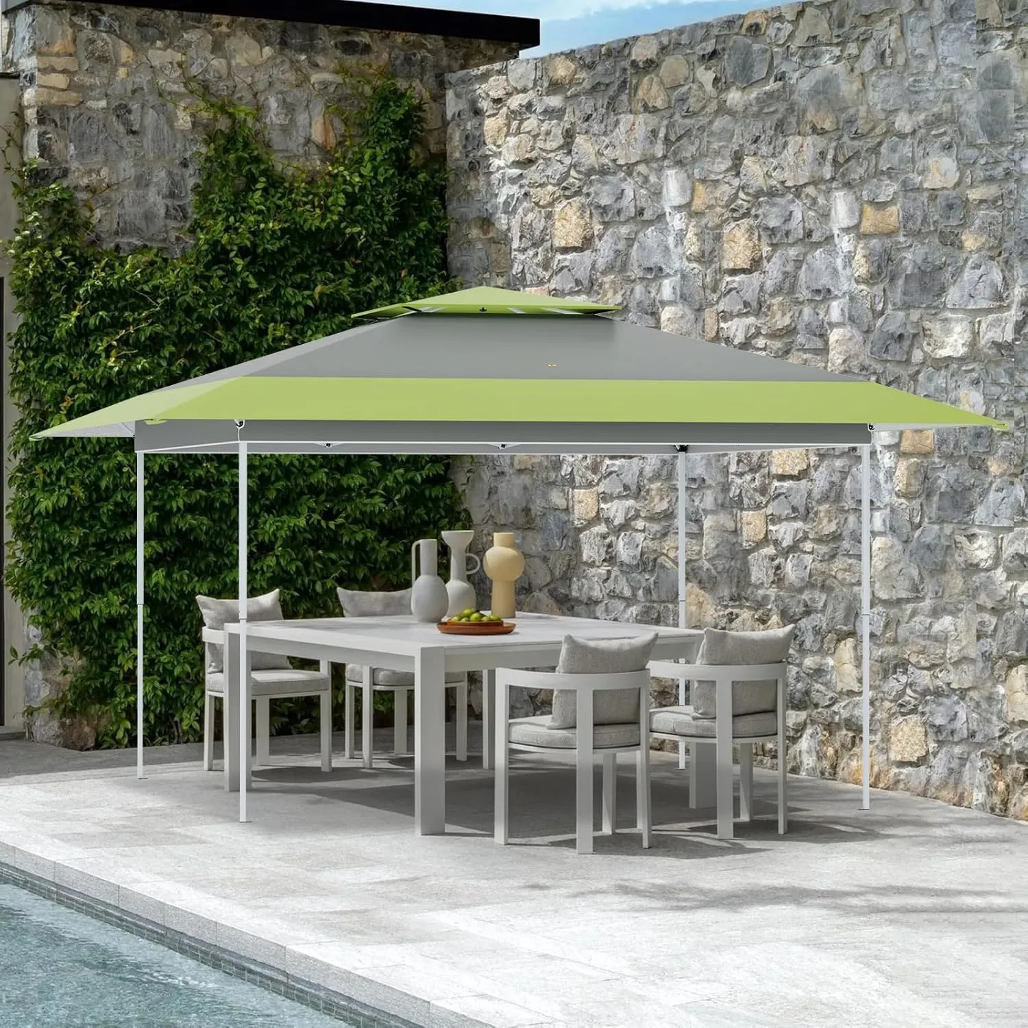 ECOTOUGE 13x13 FT Pop Up Canopy Tent, Patio Party Instant Shelte Gazebo w/Carrying Roller Bag Waterproof and UV Resistant for Outdoor Garden, Grill and Backyard, Grey-Green