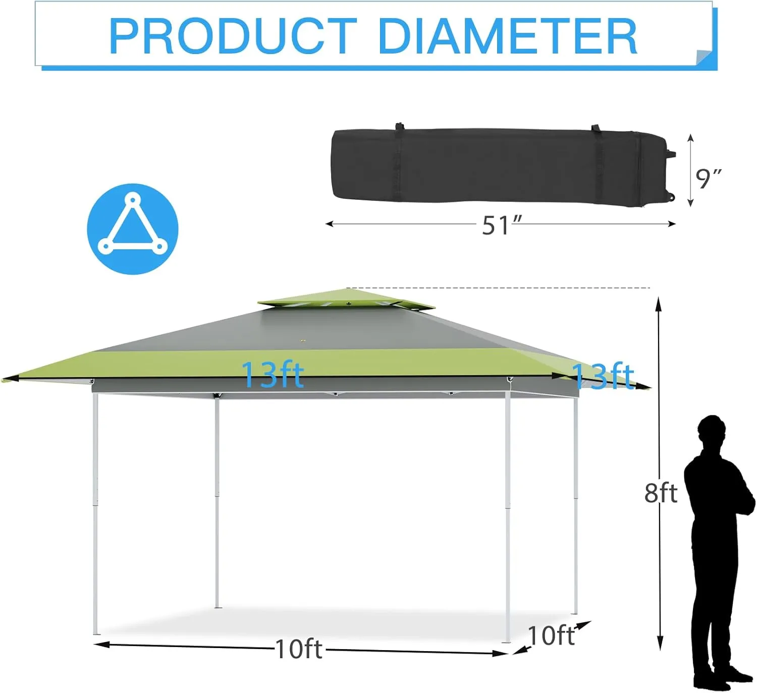 ECOTOUGE 13x13 FT Pop Up Canopy Tent, Patio Party Instant Shelte Gazebo w/Carrying Roller Bag Waterproof and UV Resistant for Outdoor Garden, Grill and Backyard, Grey-Green