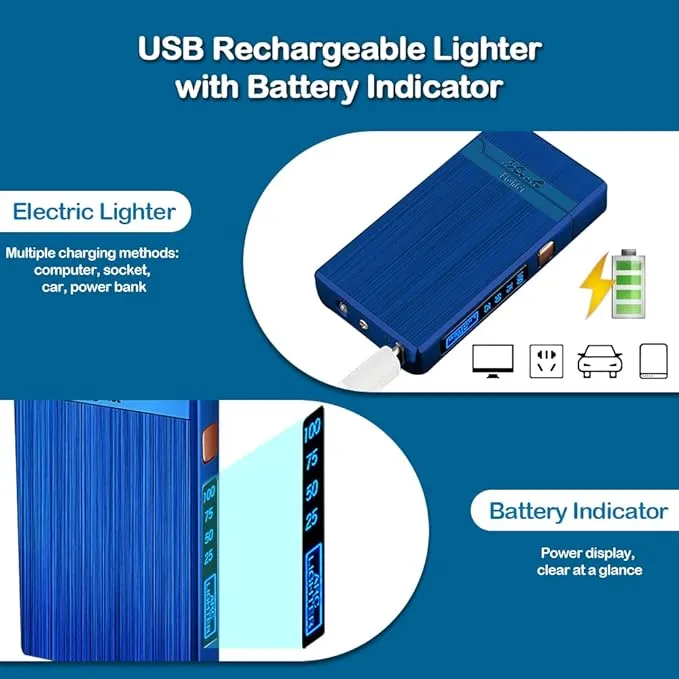 Electric Lighter, Plasma Dual Arc Lighter, USB Rechargeable Lighter, Windproof Flameless Lighter, Pocket Metal Lighter with LED Battery Indication for Candles, Incense, Camping (Blue)