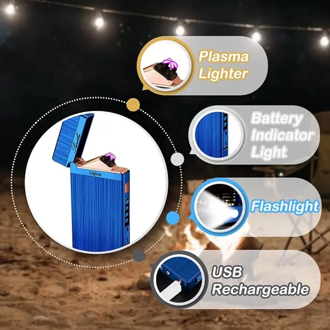 Electric Lighter, Plasma Dual Arc Lighter, USB Rechargeable Lighter, Windproof Flameless Lighter, Pocket Metal Lighter with LED Battery Indication for Candles, Incense, Camping (Blue)