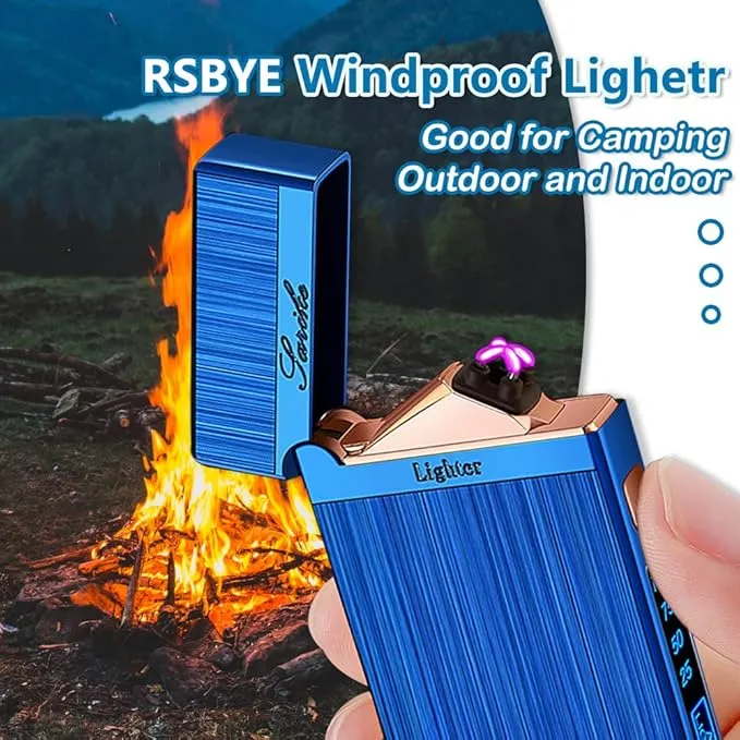 Electric Lighter, Plasma Dual Arc Lighter, USB Rechargeable Lighter, Windproof Flameless Lighter, Pocket Metal Lighter with LED Battery Indication for Candles, Incense, Camping (Blue)