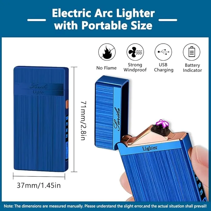 Electric Lighter, Plasma Dual Arc Lighter, USB Rechargeable Lighter, Windproof Flameless Lighter, Pocket Metal Lighter with LED Battery Indication for Candles, Incense, Camping (Blue)