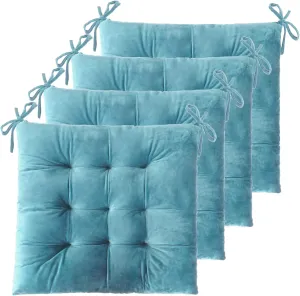 ELFJOY 4 Pack Chair Cushions for Dining Chairs Chair Pads Cushion for Kitchen Office Tufted Square Seat Cushion with Ties (16" Blue Velvet)