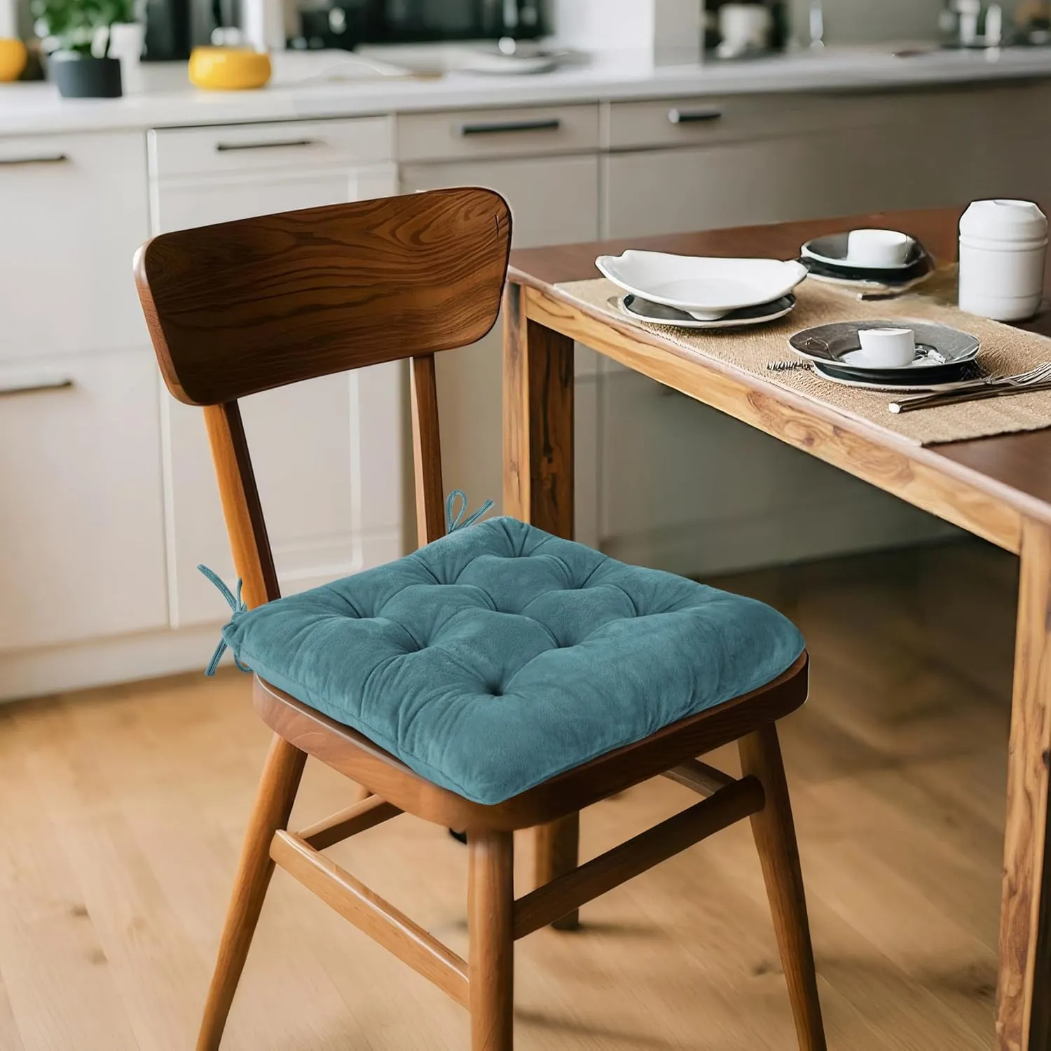 ELFJOY 4 Pack Chair Cushions for Dining Chairs Chair Pads Cushion for Kitchen Office Tufted Square Seat Cushion with Ties (16" Blue Velvet)