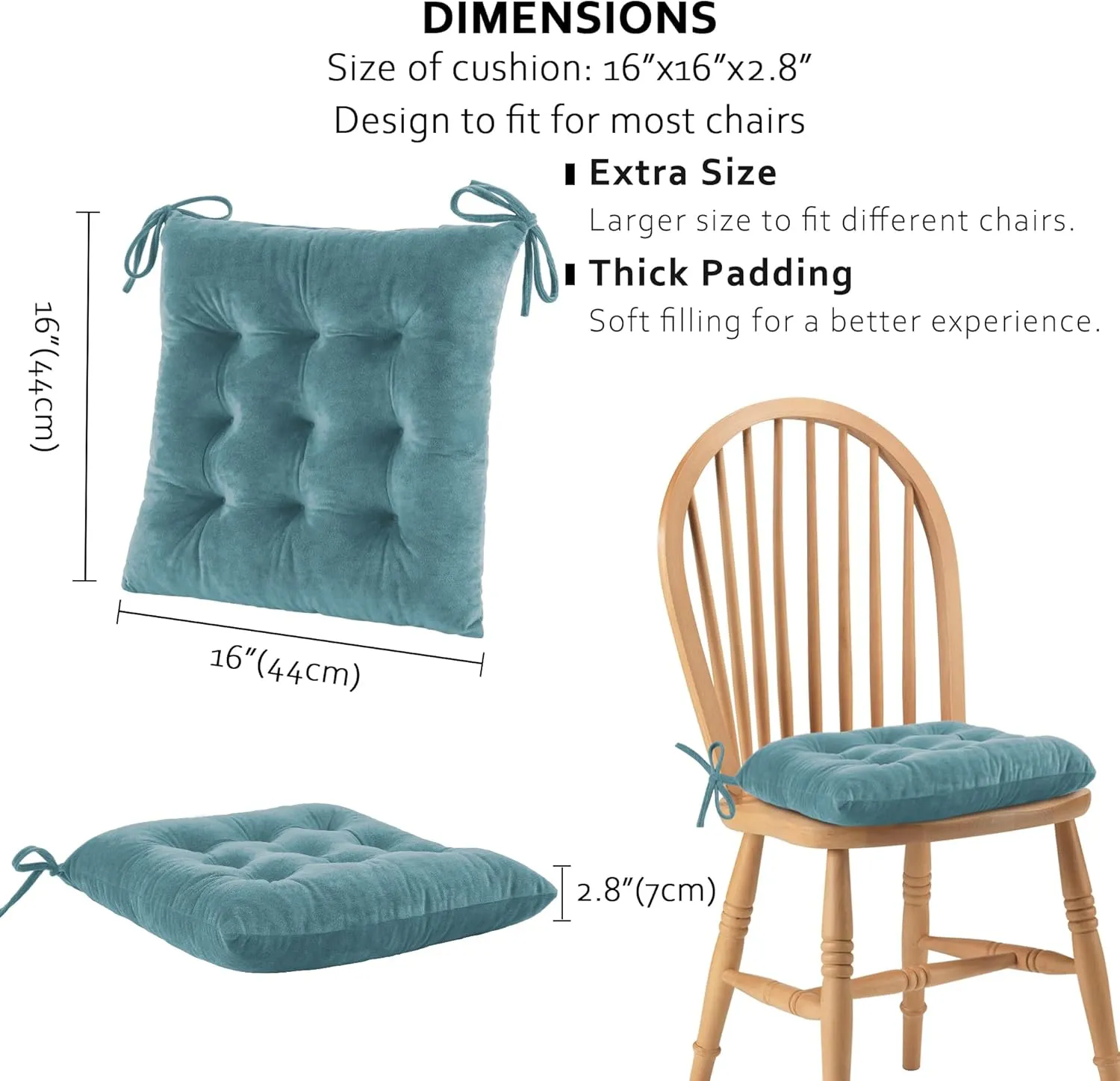 ELFJOY 4 Pack Chair Cushions for Dining Chairs Chair Pads Cushion for Kitchen Office Tufted Square Seat Cushion with Ties (16" Blue Velvet)