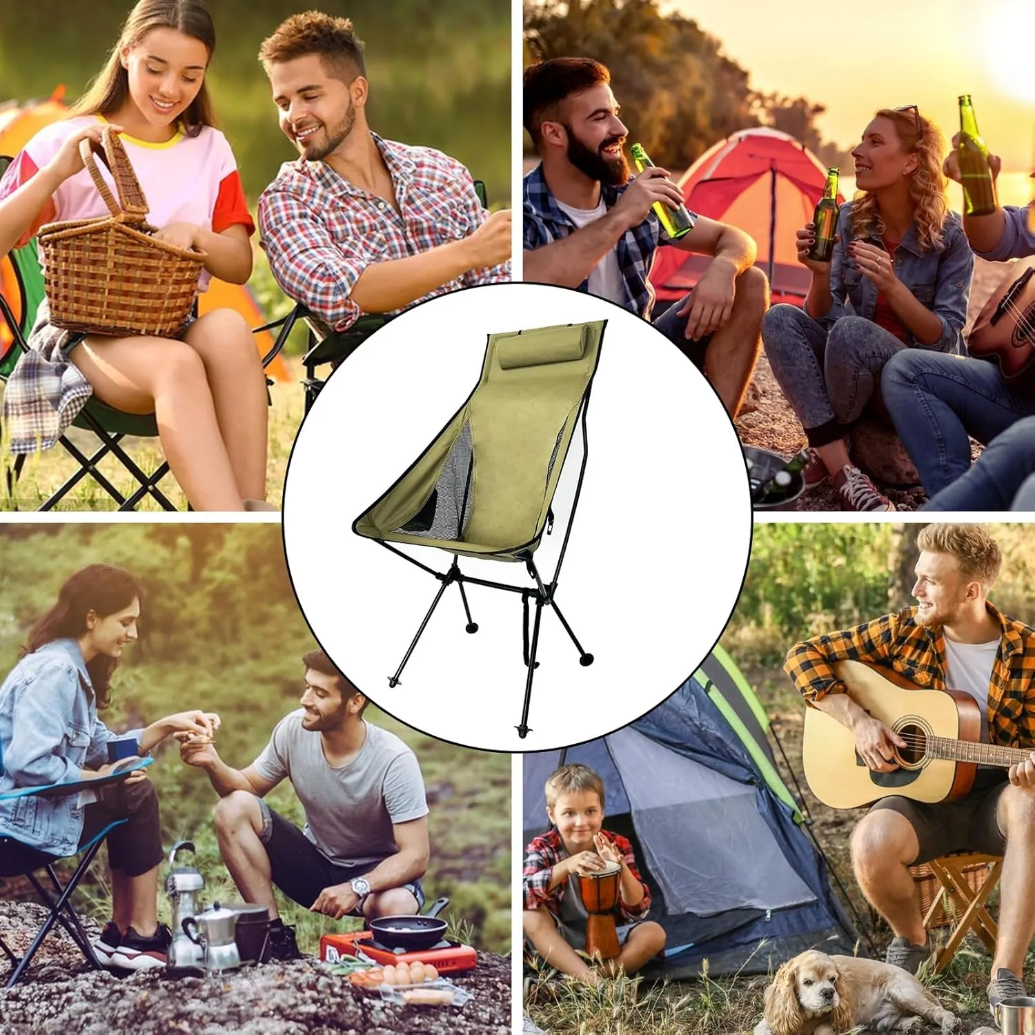 Ergonomic Camping Chair, Outdoor Folding Moon Chair with Headrest Side Pocket Aluminum Alloy Frame Collapsible Chair for Camping Backpacking Hiking Black