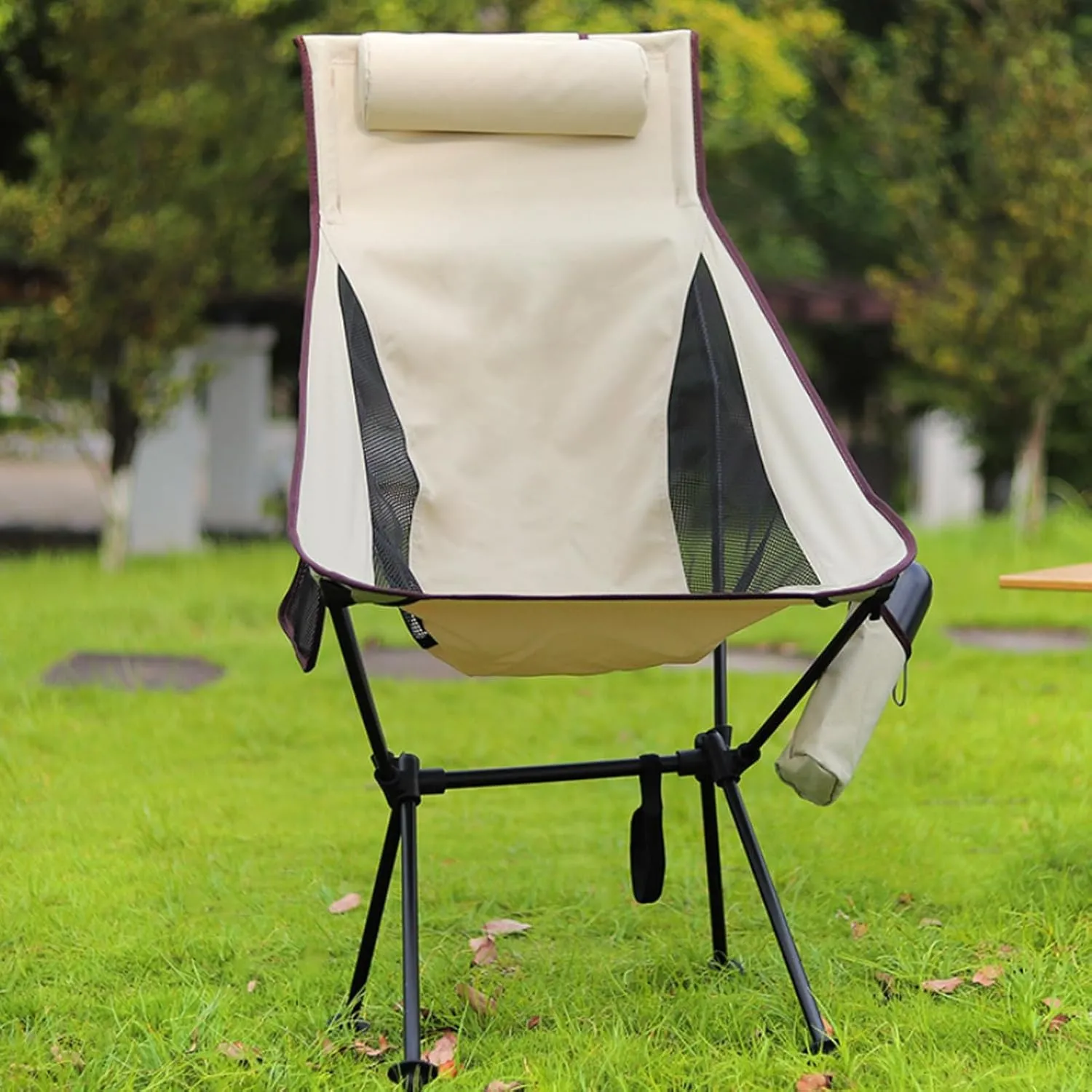 Ergonomic Camping Chair, Outdoor Folding Moon Chair with Headrest Side Pocket Aluminum Alloy Frame Collapsible Chair for Camping Backpacking Hiking Black