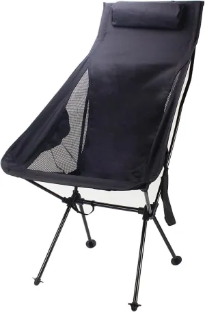 Ergonomic Camping Chair, Outdoor Folding Moon Chair with Headrest Side Pocket Aluminum Alloy Frame Collapsible Chair for Camping Backpacking Hiking Black