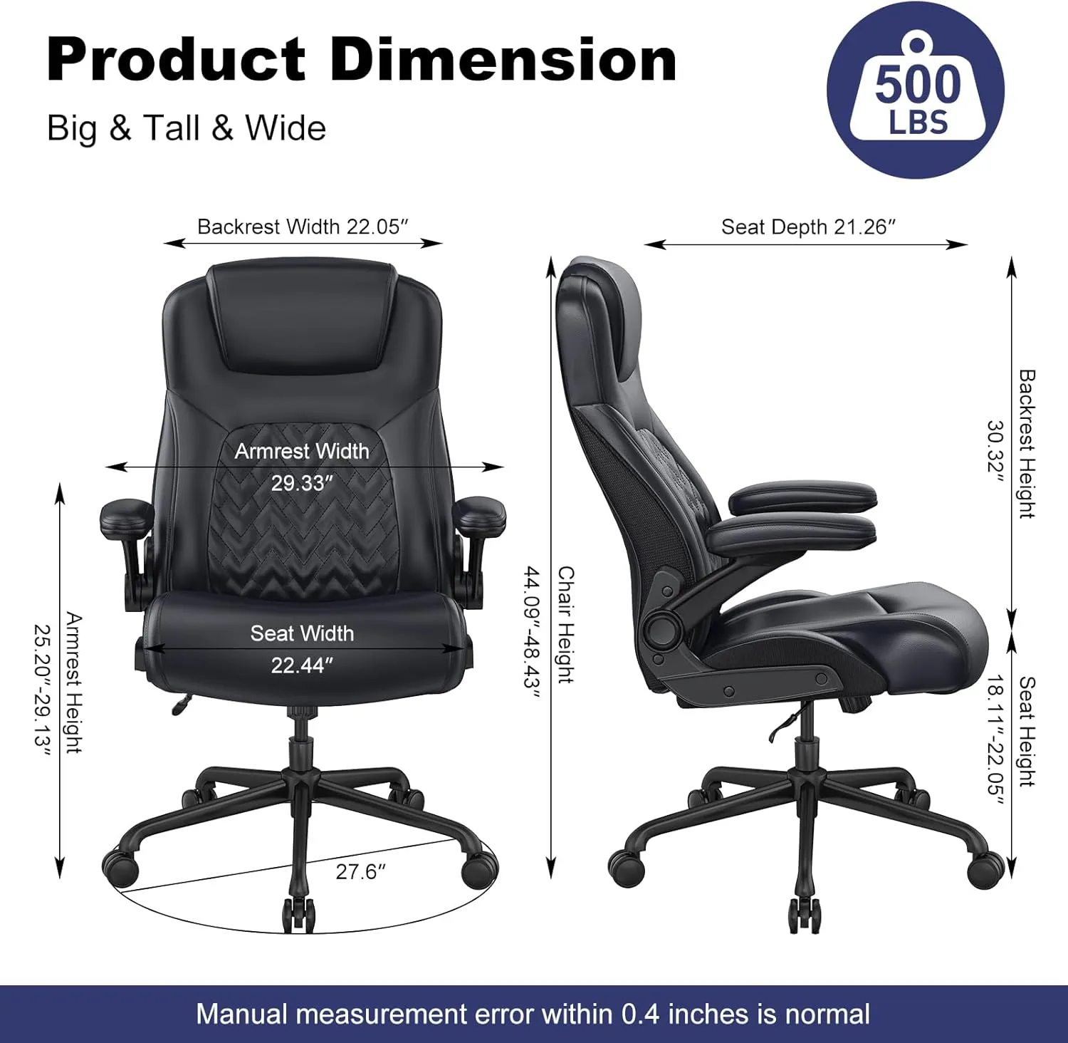 Ergonomic Executive Office Chair for Big & Tall - 500lbs Capacity with Lumbar Support & Flip-Up Armrests, Heavy Duty PU Leather Computer Desk Chair, Black