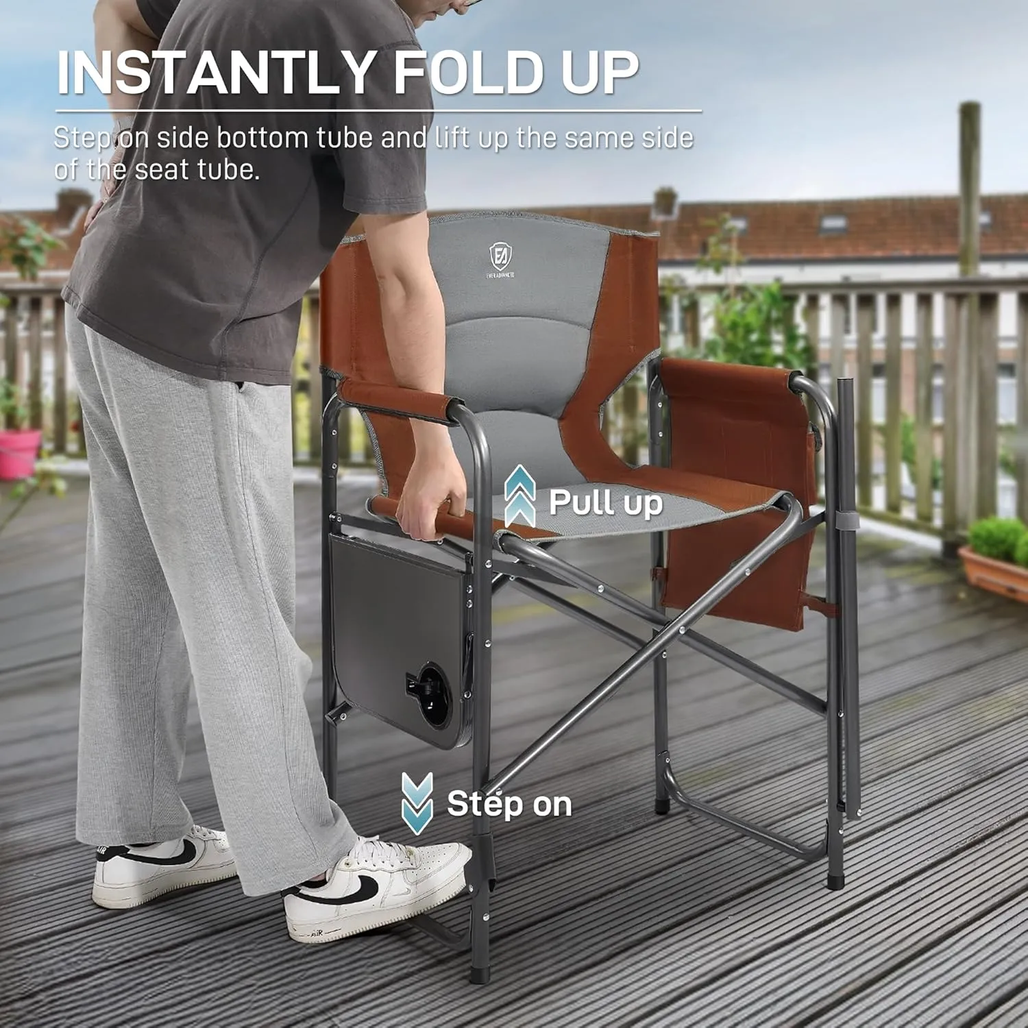 EVER ADVANCED Medium Tall Directors Chair Foldable Makeup Artist Chair Bar Height with Side Table Cup Holder and Pocket Footrest, Supports 400LBS (Red Brown, Seat Height: 23.2 inches)