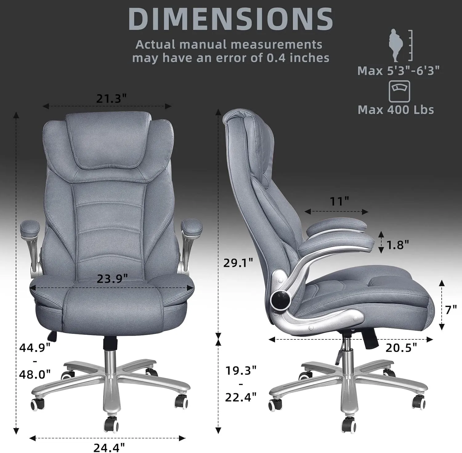 Executive Office Chair, Big and Tall Office Chairs for Heavy People 400lbs Wide Seat, High Back Leather Office Chair Lumbar Support with Adjustable Armrest, Office Desk Chair, Grey/Blue