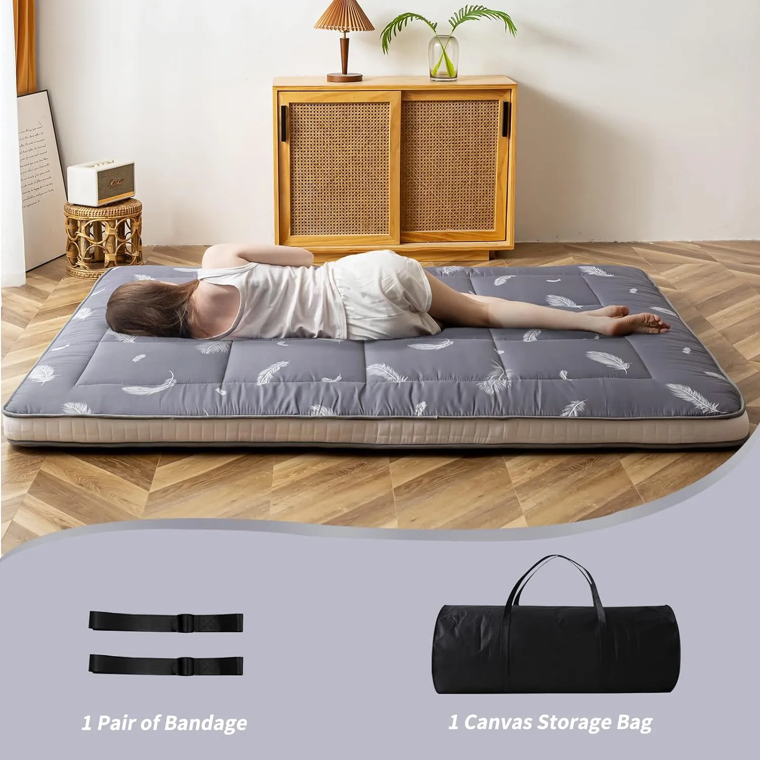 Extra Thick Futon Folding Roll Up Mattress, Padded Japanese Shikibuton Sleeping Pad, Foldable Camping Portable Bed Mattress Topper, Floor Lounger Guest Bed