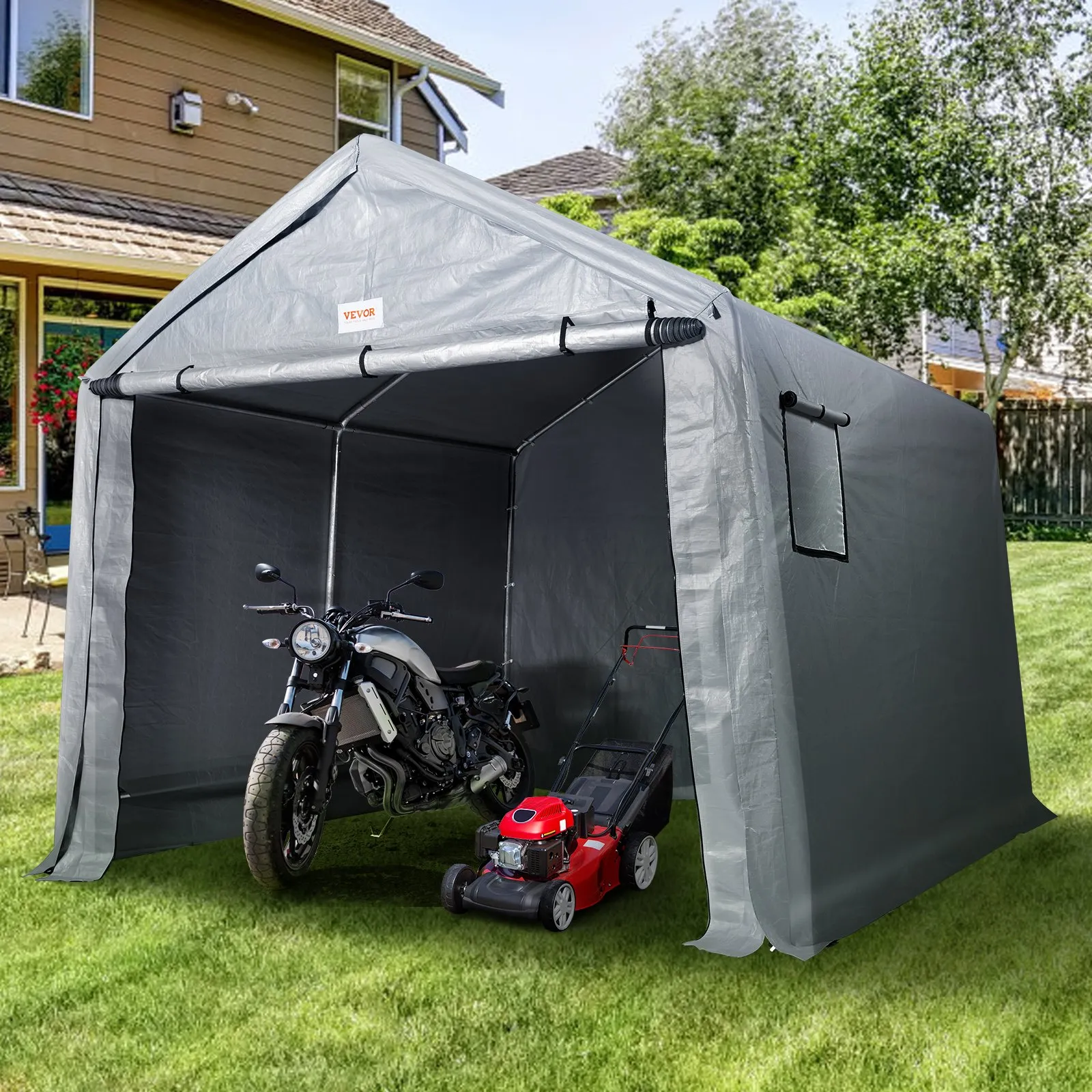 (FINAL PRICES ARE LOWER ON OUR SITE!) VEVOR Portable Shed Outdoor Storage Shelter, 10 x 10 x 8.5 ft Heavy Duty All-Season Instant Storage Tent Tarp Sheds with Roll-up Zipper Door and Ventilated Windows For Motorcycle, Bike, Garden Tools