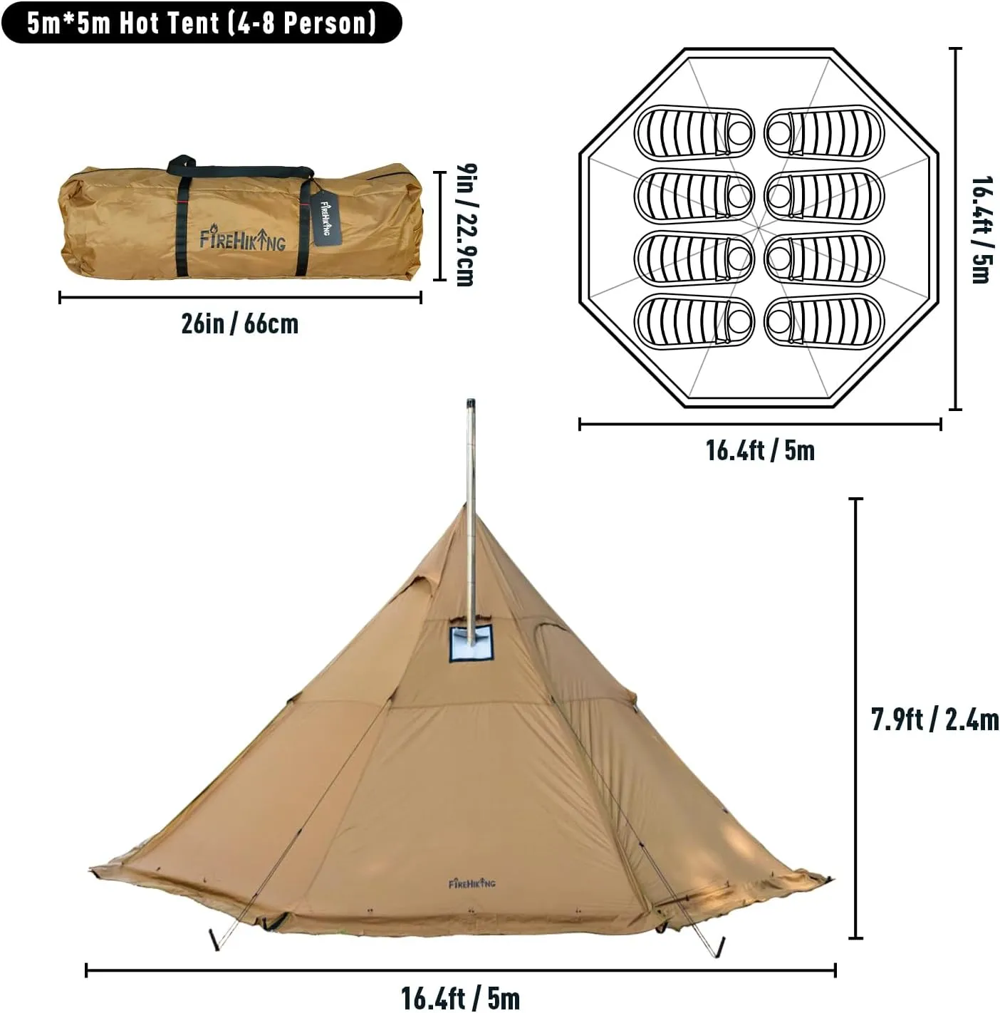 FireHiking Camping Hot Tent 4-8 Person Tipi Tent with Stove Jack for Bushcraft, Cooking and Heating