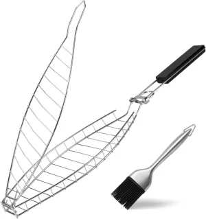 Fish Grill Basket, Large Fish Grilling Rack for Grill Fish Vegetables Shrimp, Folding Stainless Steel Grill Basket with Removable Wooden Handle & Basting Brush