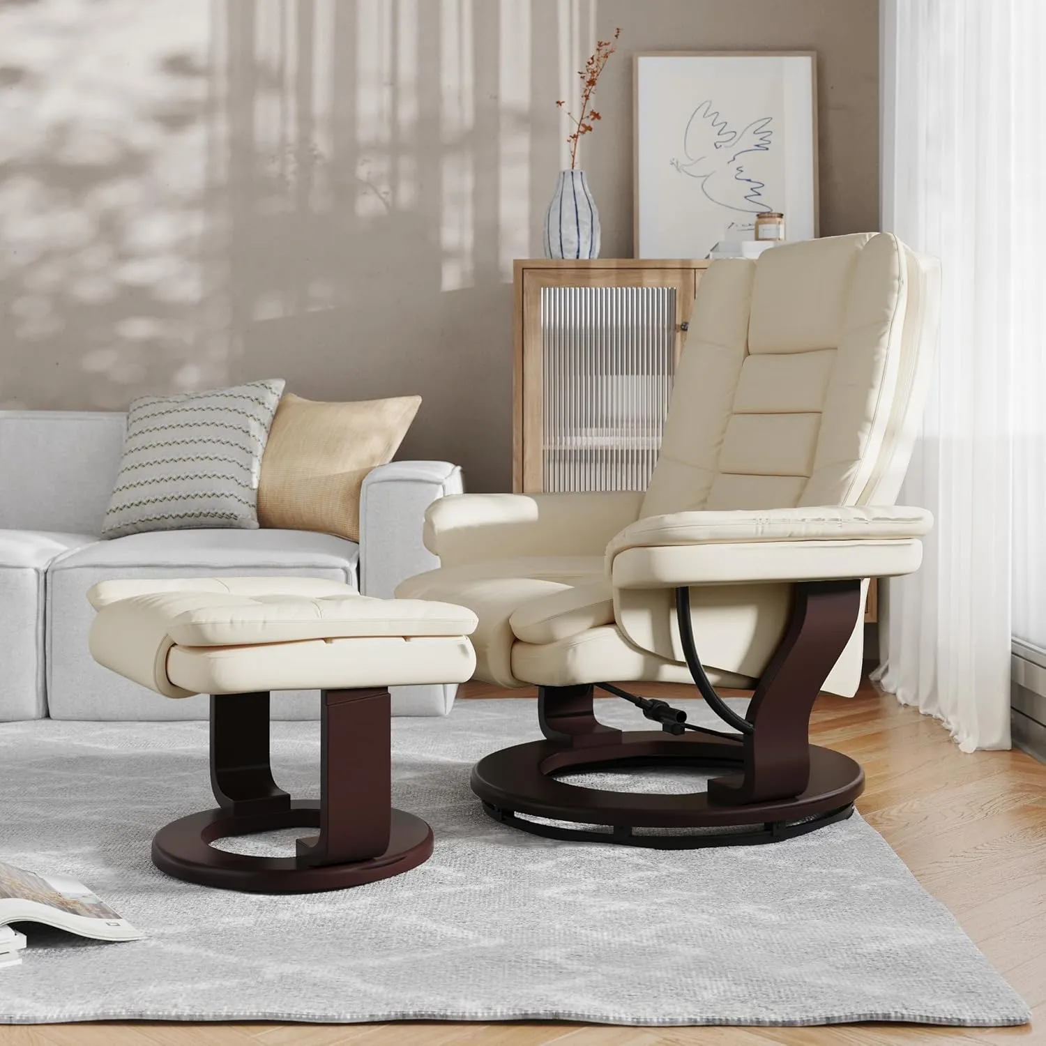 Flash Furniture Bali Contemporary Multi-Position LeatherSoft Recliner Chair with Ottoman, 360-Degree Swivel Recliner Chair/Ottoman Set, Beige