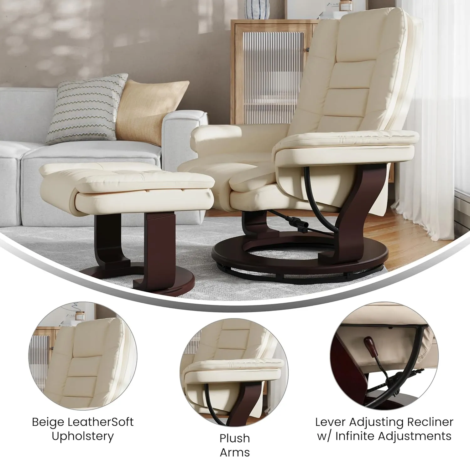 Flash Furniture Bali Contemporary Multi-Position LeatherSoft Recliner Chair with Ottoman, 360-Degree Swivel Recliner Chair/Ottoman Set, Beige