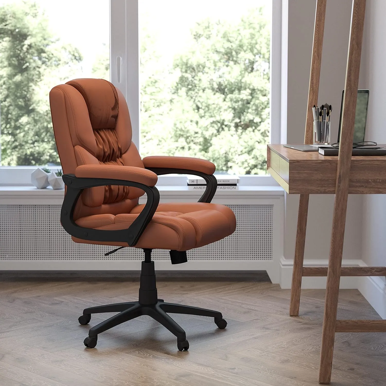 Flash Furniture Fundamentals Big & Tall Swivel LeatherSoft Office and Gaming Chair, Ergonomic Chair with Padded Armrests and Adjustable Height, Brown
