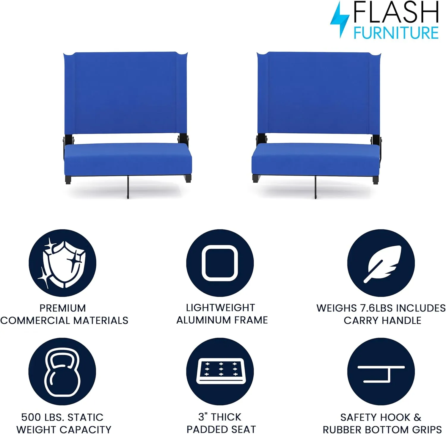 Flash Furniture Grandstand Portable Stadium Seats for Bleachers or Benches, Folding Padded Stadium Chairs with Handle, Pack of 2, 500 lb. Weight Capacity, Blue