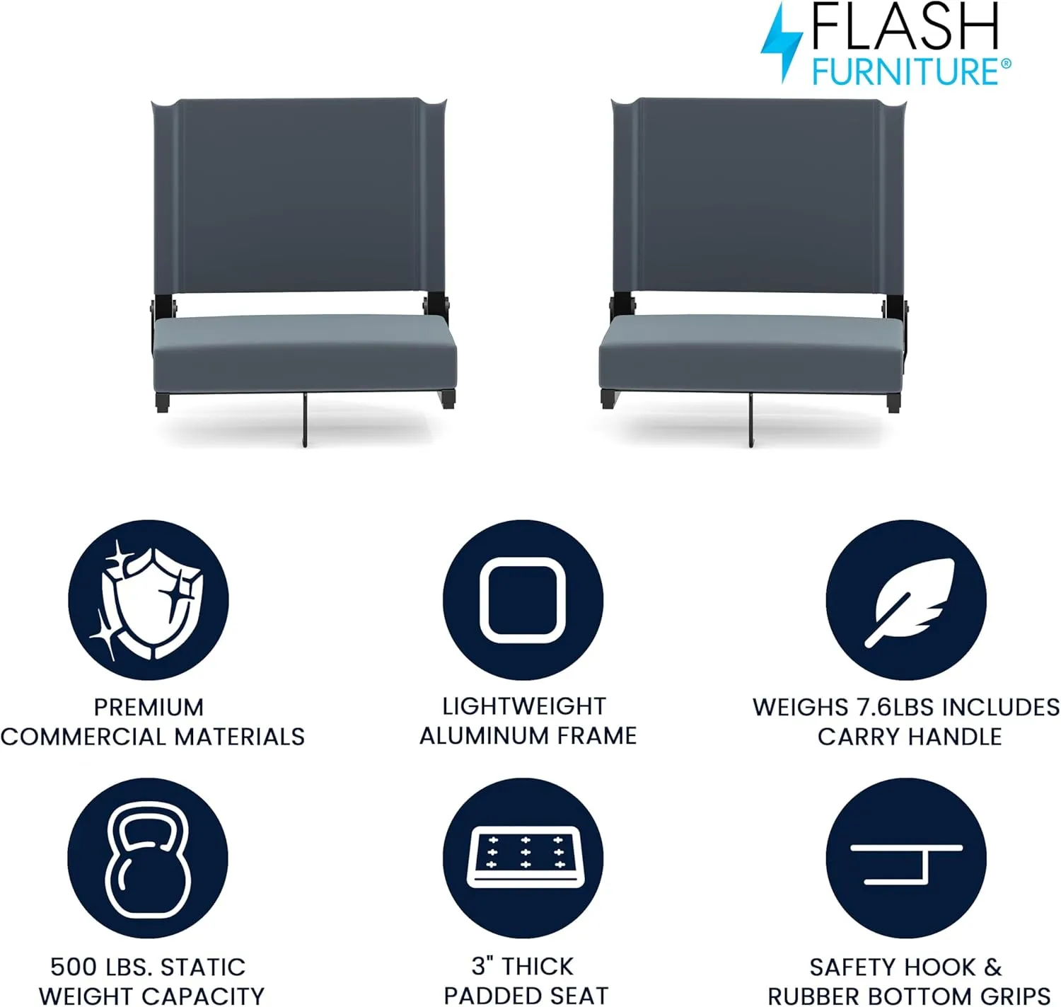 Flash Furniture Grandstand Portable Stadium Seats for Bleachers or Benches, Folding Padded Stadium Chairs with Handle, Pack of 2, 500 lb. Weight Capacity, Dark Blue