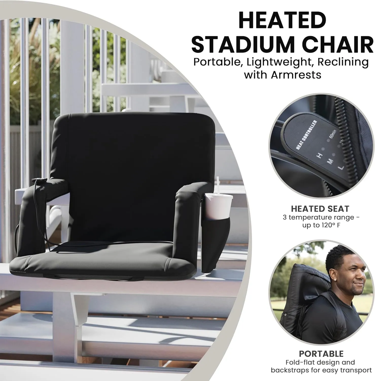 Flash Furniture Malta Heated Stadium Seat with Back Support, 6 Recline Positions, Portable Chair with Backpack Straps, USB Battery Pack Not Included, Black