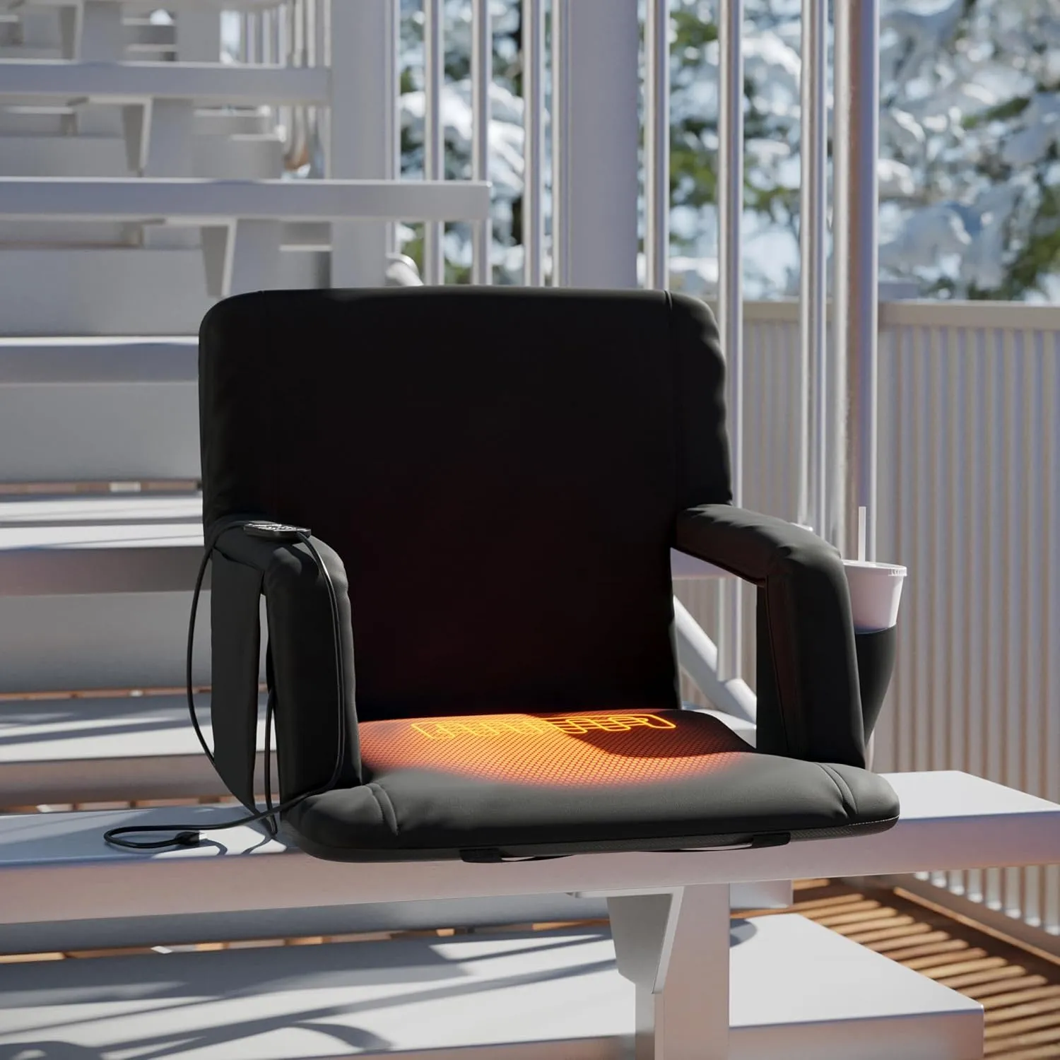 Flash Furniture Malta Heated Stadium Seat with Back Support, 6 Recline Positions, Portable Chair with Backpack Straps, USB Battery Pack Not Included, Black